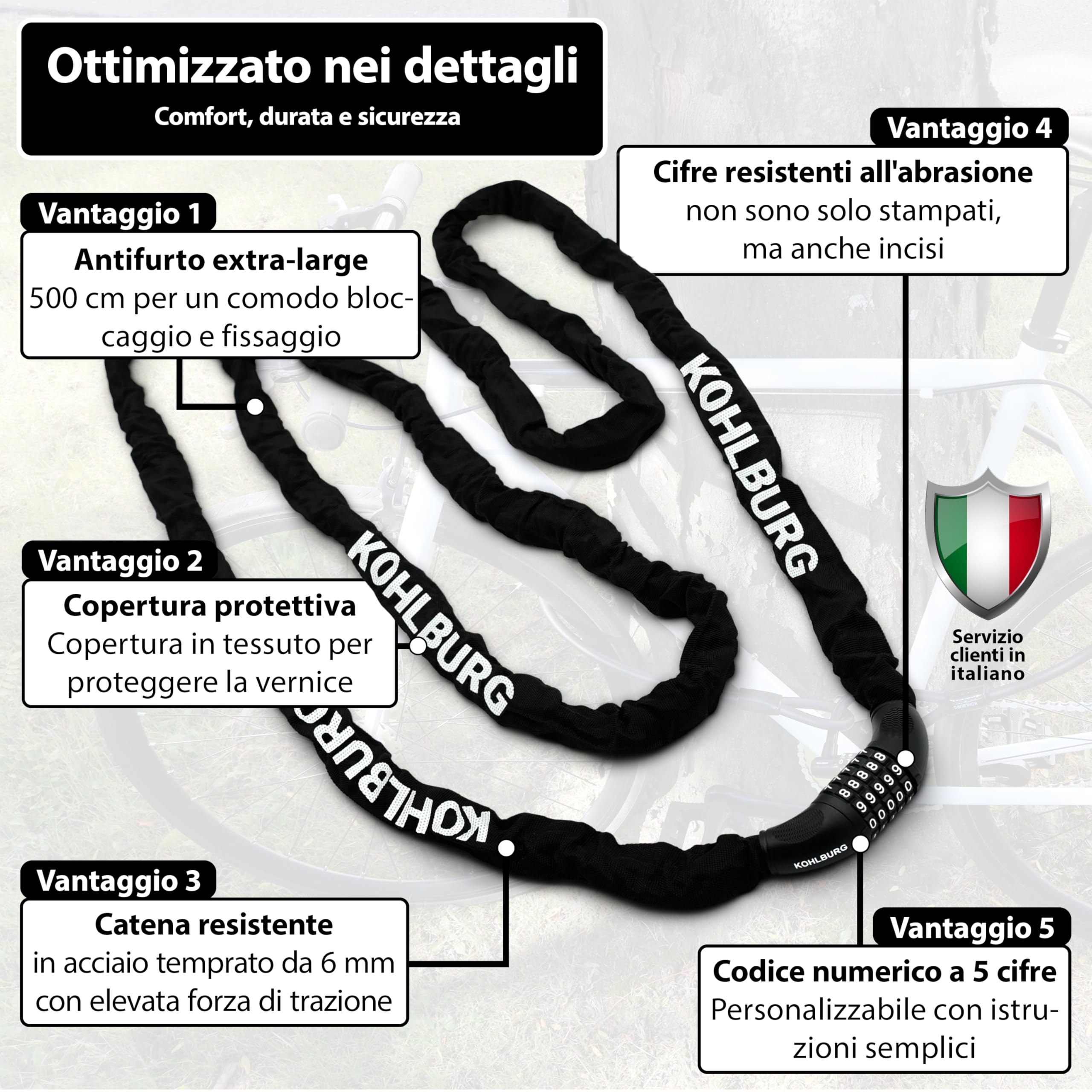 KOHLBURG Catena antifurto 5 m extra lunga con combinazione numerica, 500 cm & acciaio speciale 6 mm con a codice, lucchetto a combinazione 5 m per bici, e-bike, e‑scooter, mobili da giardino, barca