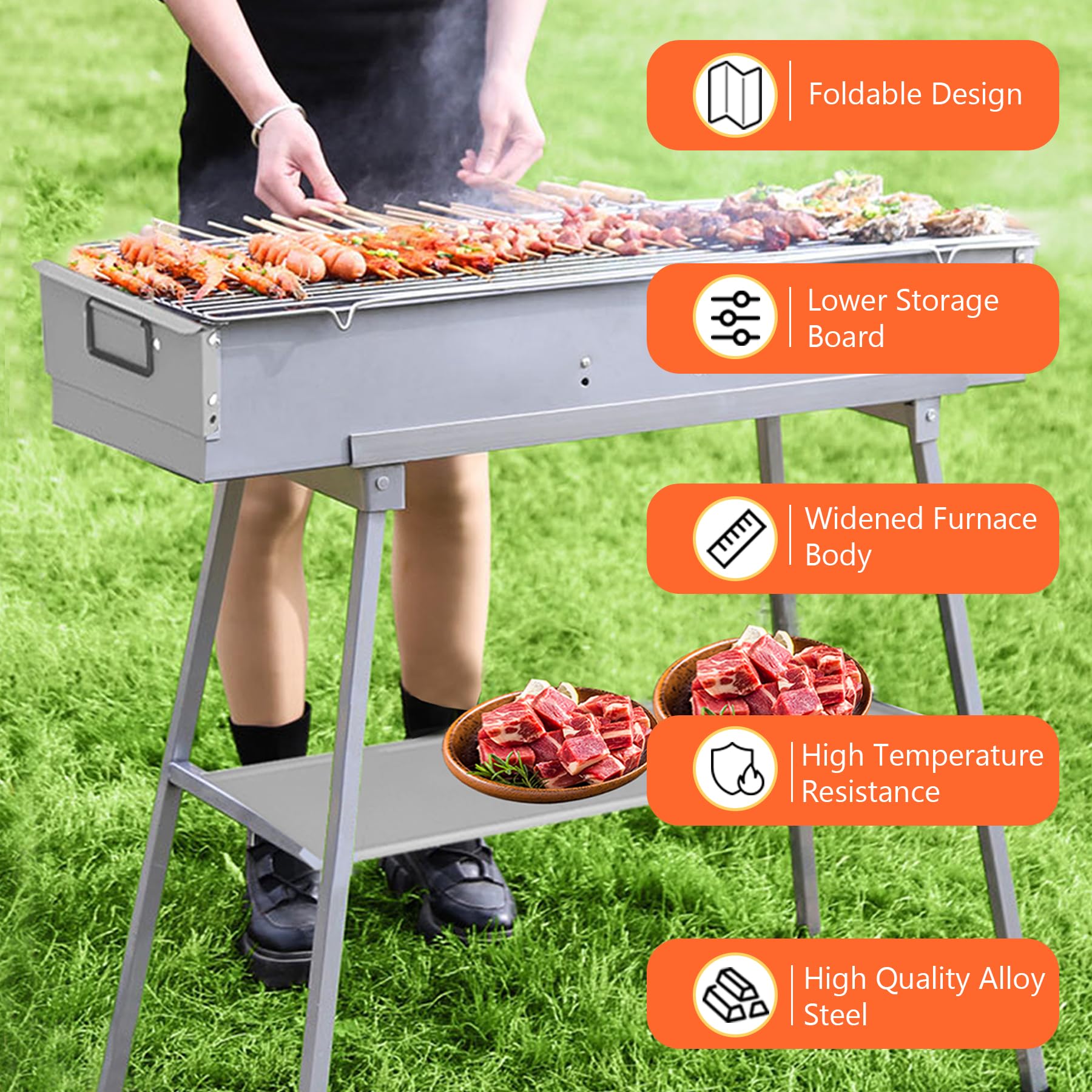 Gril à charbon de bois portable, 81,3 x 25,4 cm, planche de rangement avec pieds antidérapants, barbecue commercial, convient pour le camping, les fêtes, le jardin, l'extérieur, les voyages