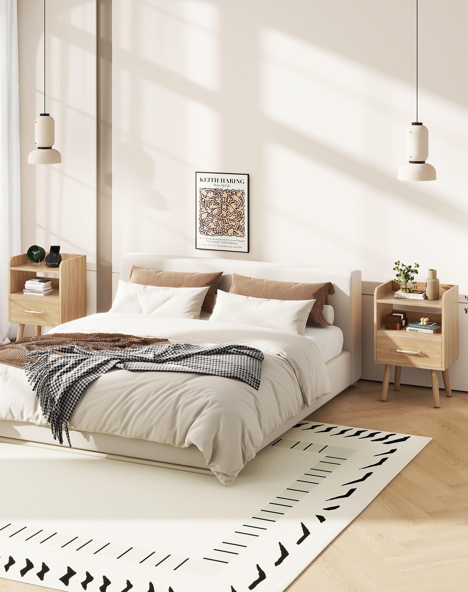 YMYNY Set de 2 Mesitas de Noche, Mesa Auxiliar de Sofá, Mesa de Madera, Cajón con Tela Removible, Ripiano Abierto, 39x29x62 cm, para Dormitorio, Salón, Natural HST021N-2