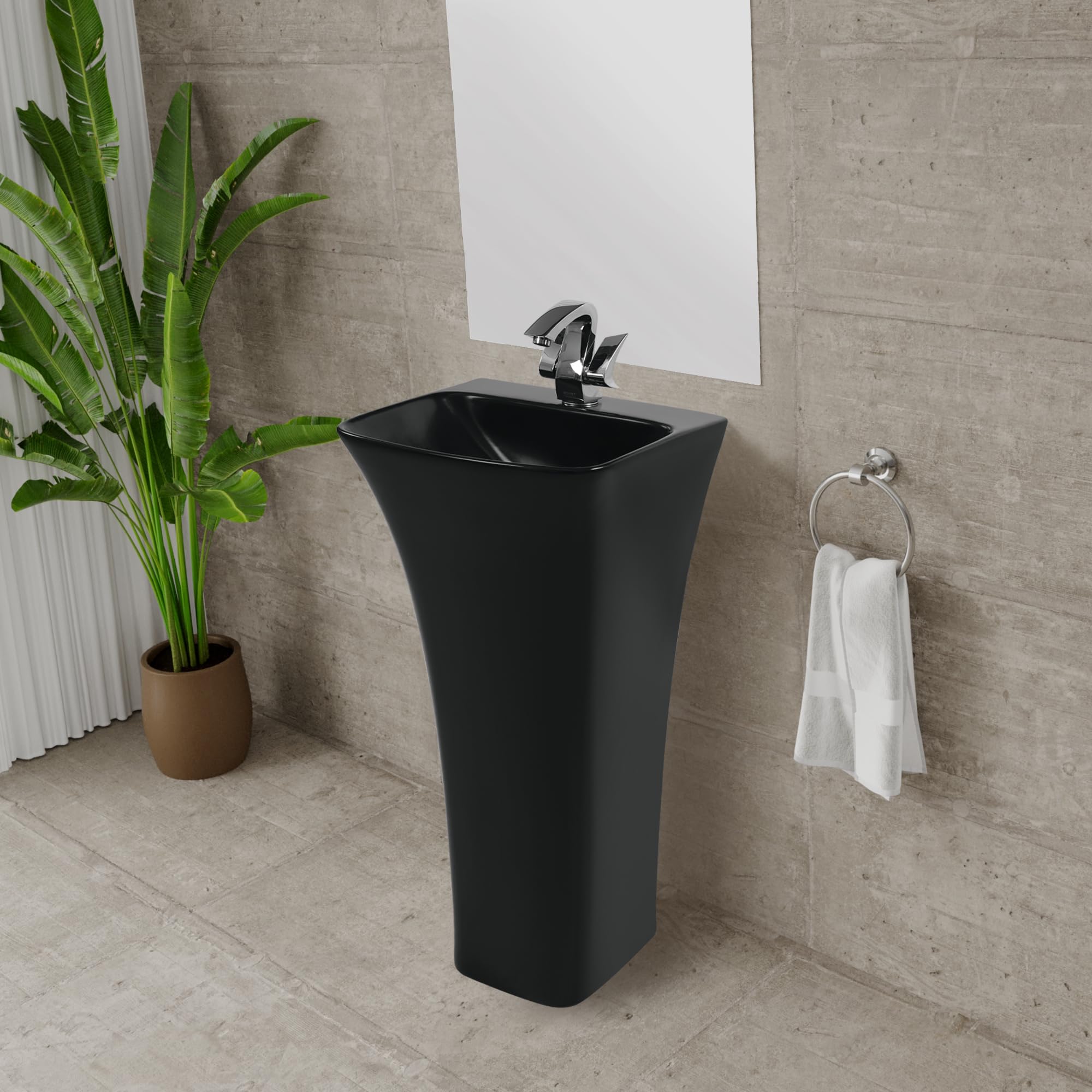 sanicomfort Standwaschbecken OPIA, Waschtisch aus Keramik, schwarz, freistehend, Säulenwaschbecken