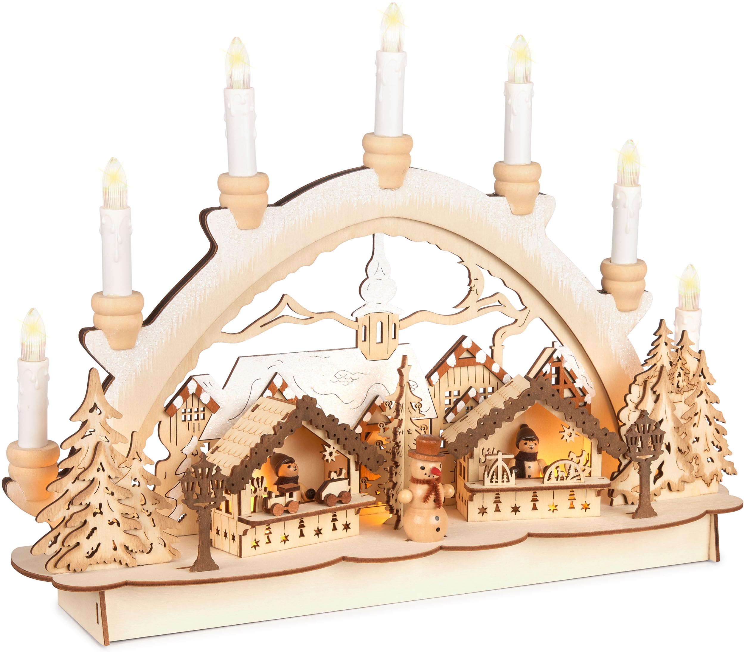 BRUBAKER 3D Lichterbogen - Schwibbogen LED Kerzen - Weihnachtsmarkt 2026 | Weihnachtsbeleuchtung aus Holz Natur - 31 x 41 x 11 cm - Handbemalte Figuren - Weihnachtsdeko für Tisch & Fenster
