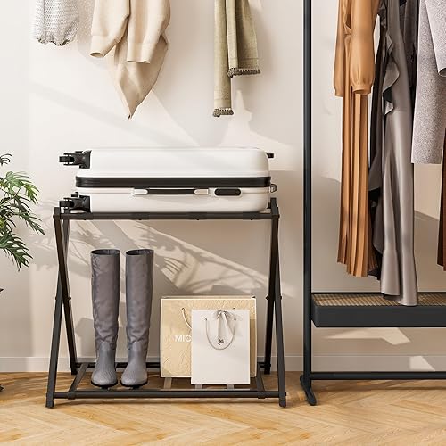 Miniatura 4 de Tangkula Paquete de 2 portaequipajes plegable de 2 niveles, con correas duraderas, funda protectora, soporte grande para equipaje para habitación de