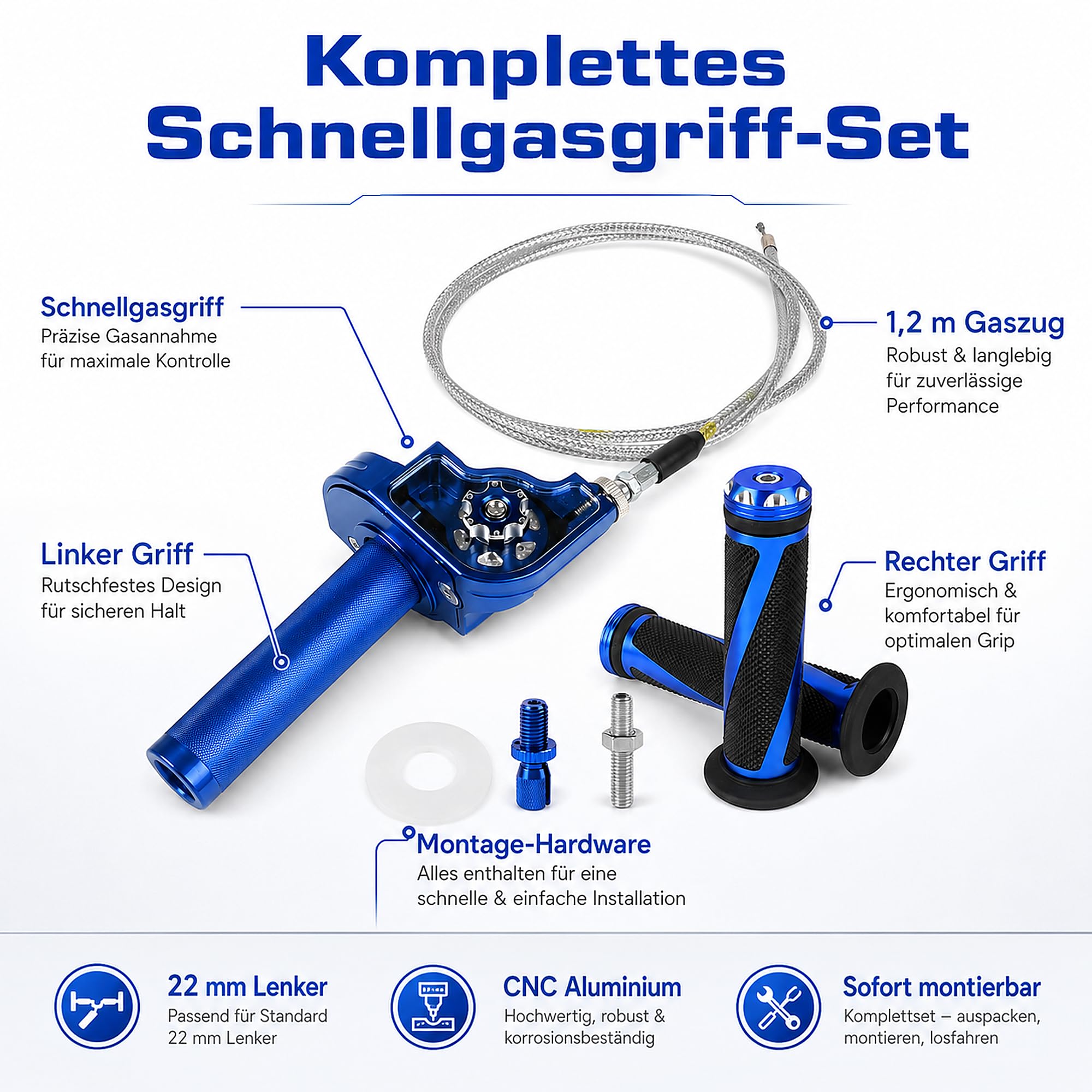 Motorrad Griffe Schnellgasgriff Set, Gasgriff 22mm CNC Aluminium + 1,2M Gasbowdenzug, Quick Twister Kurzhubgasgriff für CRF50 70 110 IRBIS 125 250 Blau