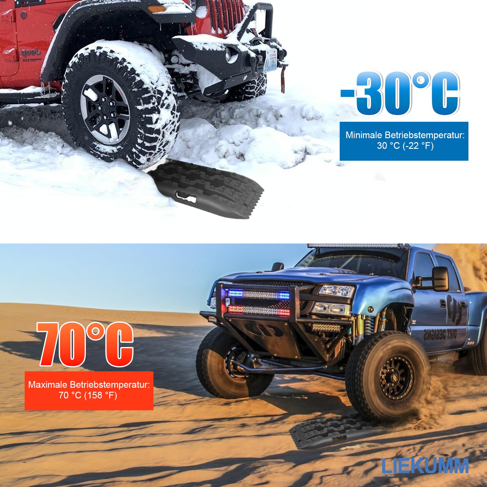 LIEKUMM 2 Stücke Sandbleche Offroad, 104,5 x 28 cm Sandbleche Kunststoff, 10 T Tragkraft Sandbleche Wohnmobil, Kunststoff Sandblech für Geländewagen PKW LKW, Sandboard für Sand Schlamm Schne