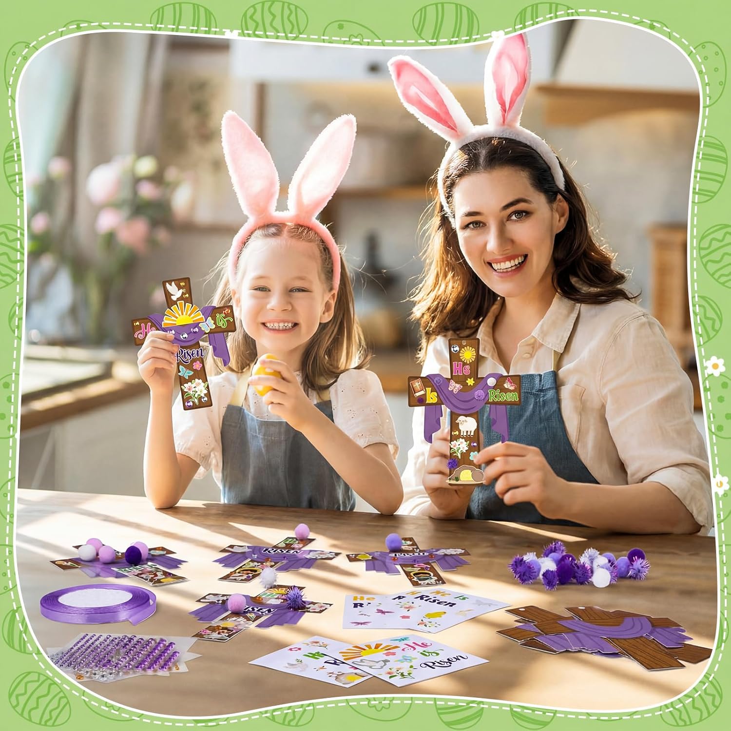 Funrous 48 Sets Easter Religious Crafts Bulk He is Risen Cross Paper Crafts DIY Easter Jesus Christian Hanging Ornaments Arts with Stickers Pompoms for Sunday School Vbs Classroom Spring Activities