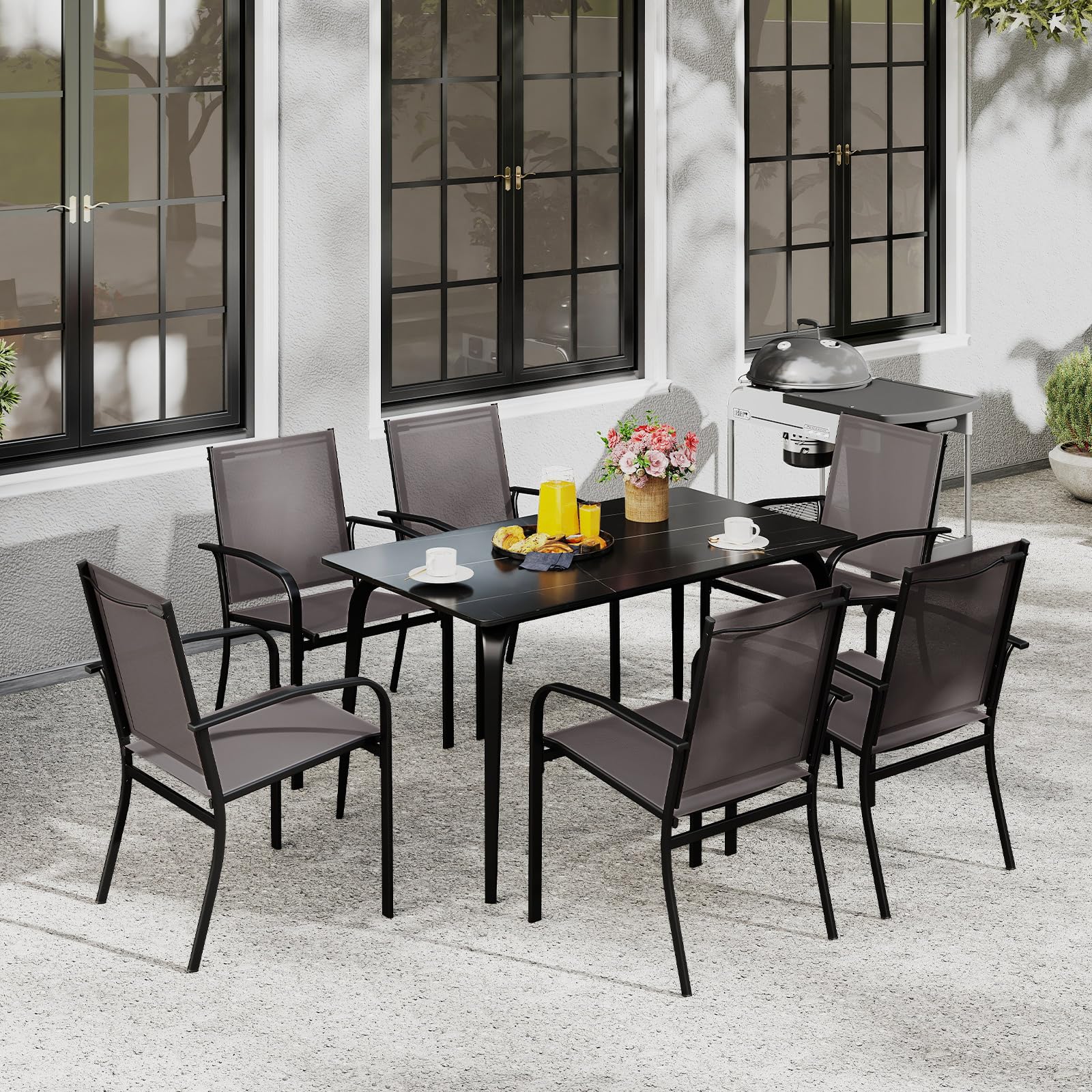 COSTWAY Lot de 2/4 Chaises de Jardin Exterieur Empilable, Chaise de Salle à Manger, Tissu Respirant, Dossier Haut, Cadre en Métal, Fauteuil Exterieur pour Jardin Terrasse Balcon, Charge 150 kg (4)