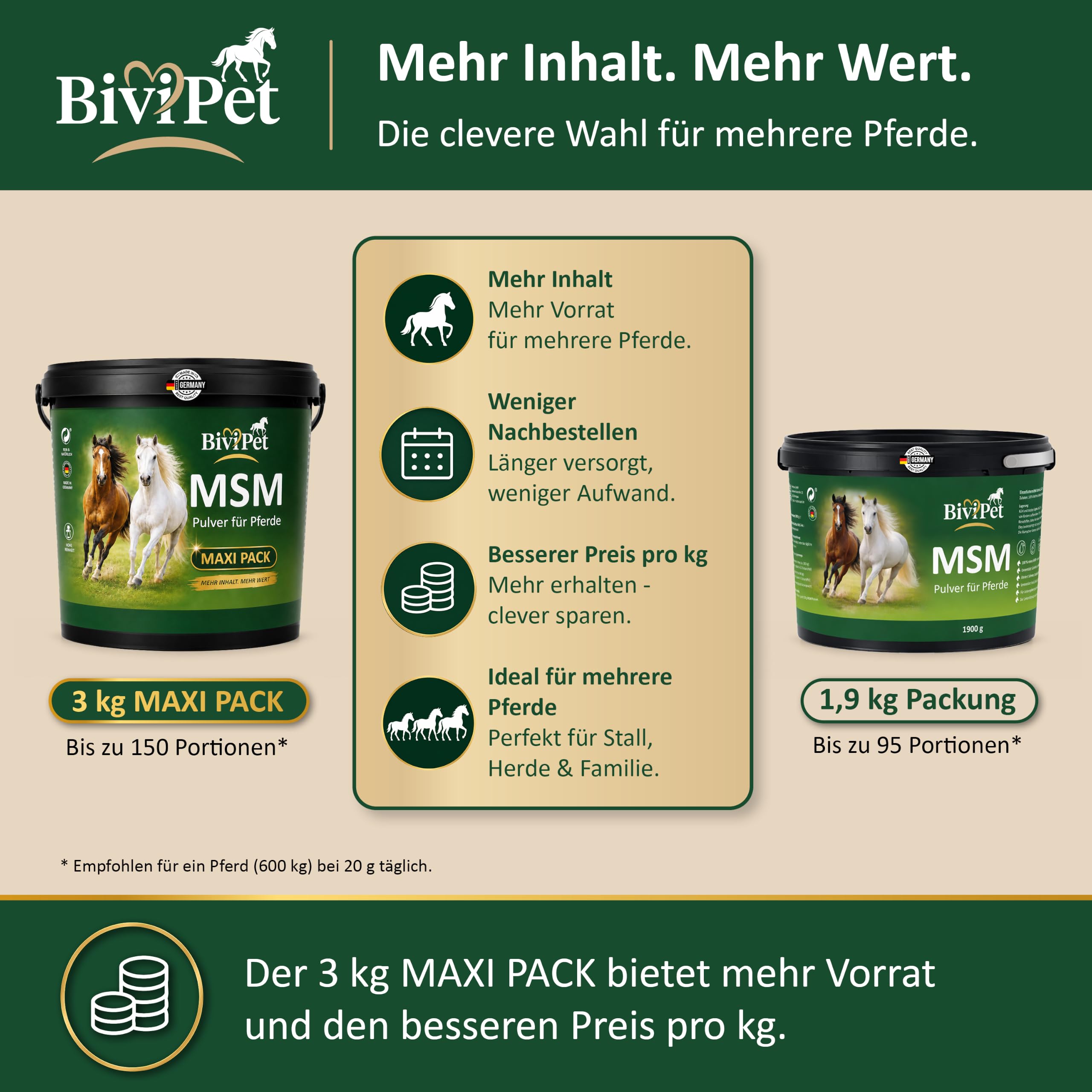MSM Pulver für Pferde – 3 kg Maxi Pack | 100% reines MSM ohne Zusätze | Für Gelenke, Beweglichkeit, Sehnen & Hufe | Mehr Inhalt & Wert | Eimer mit Dosierlöffel | Made in Germany