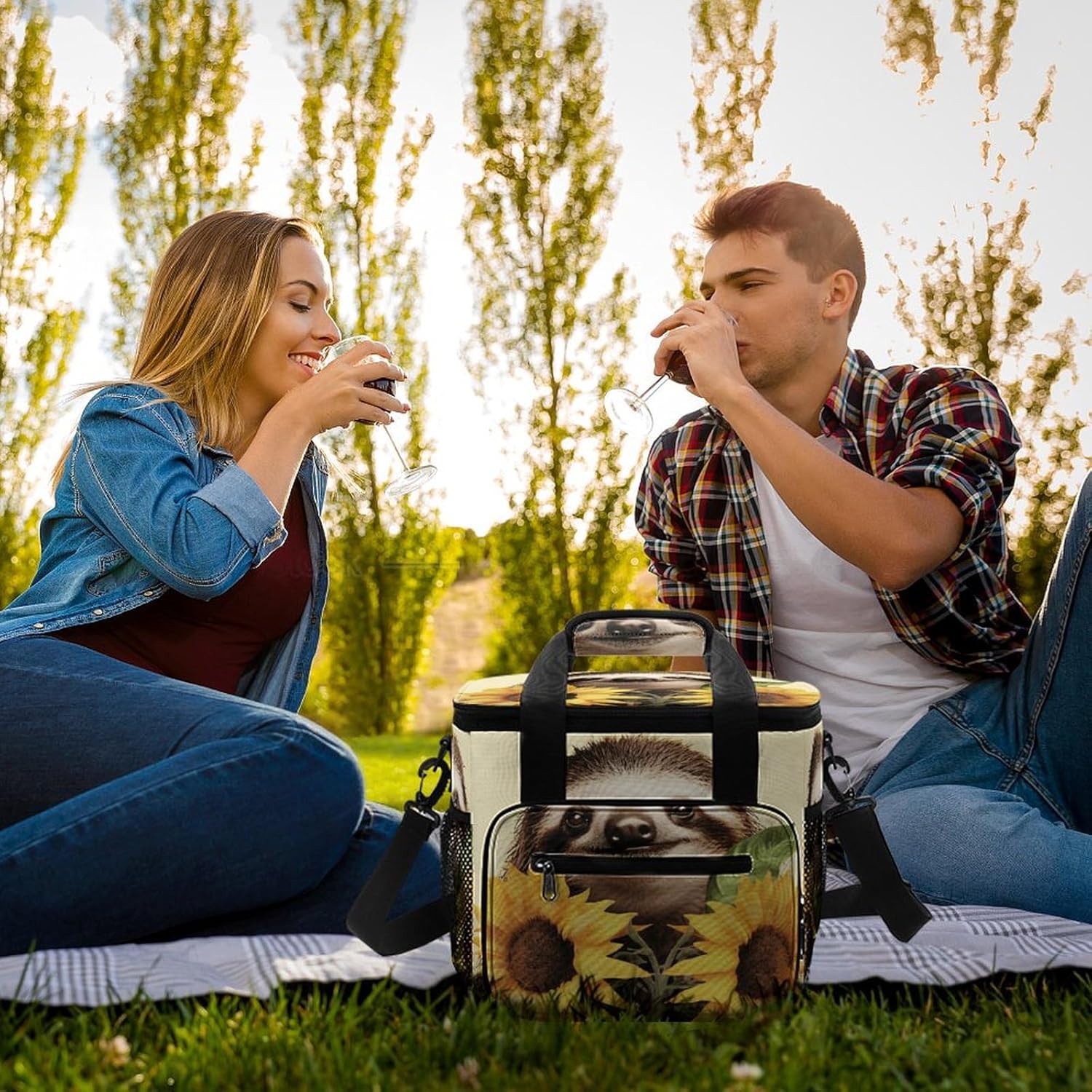Large-Capacity Oxford Cloth Sloth Sunflower Printed Camping Ice Bag, Outdoor Portable Insulation and Cold Storage Bag, Enjoy A Cool Camping Time