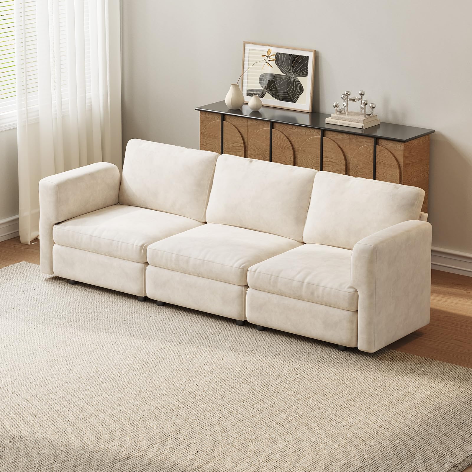 Cream Modular 3-Seater Sofa, 250cm Wide Comfort Couch with Storage-Compatible Design, Cloud-Soft Seating, Sturdy Wooden Frame, 150KG Capacity