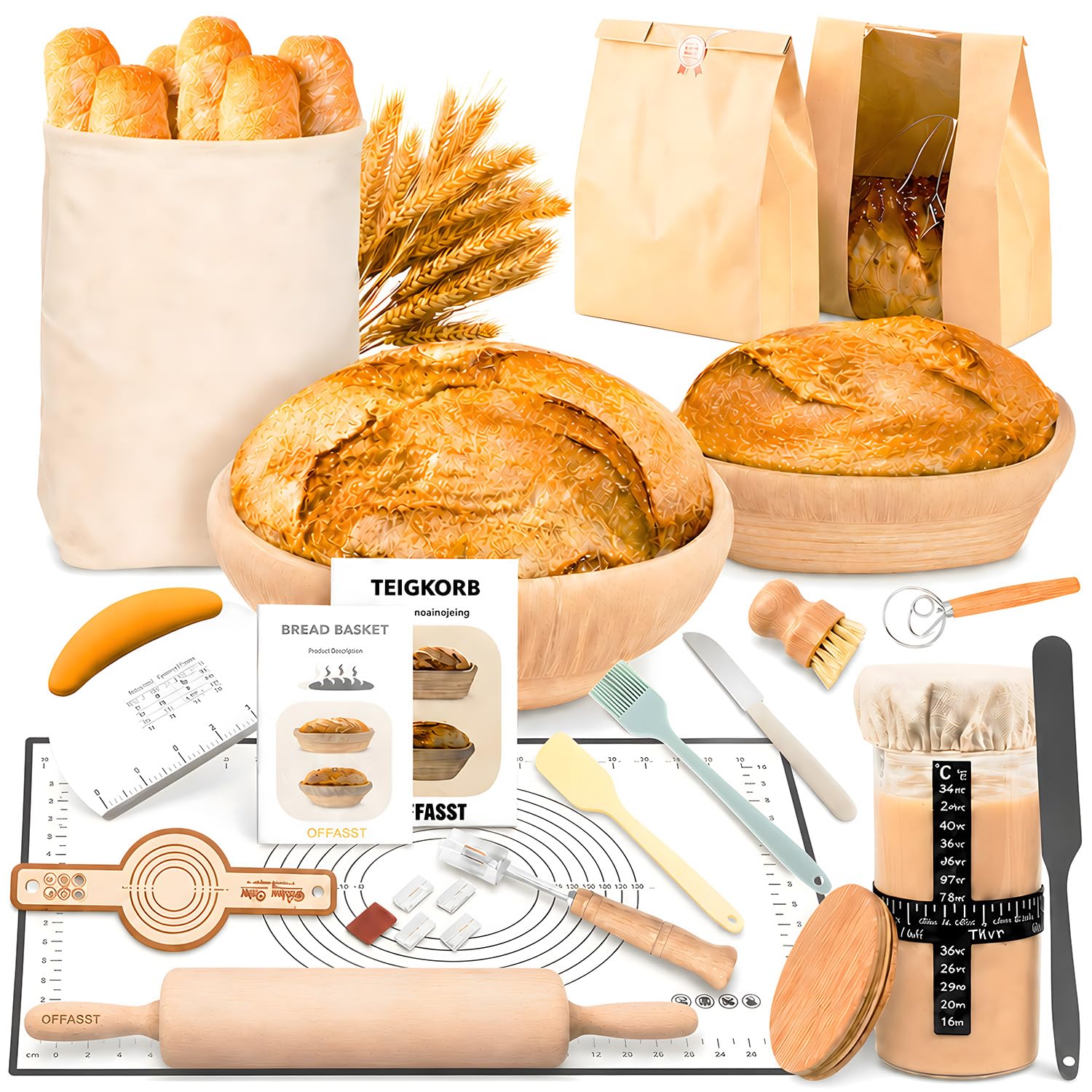 Sauerteig Starter Set mit Gärkörbchen (2 Stück, 25cm), Gärkorb Brot Brotbackzubehör Mit Sauerteig Starterglas, Sauerteigbrot Starter Set, Komplettes Brotbackset für Anfänger & Bäcker