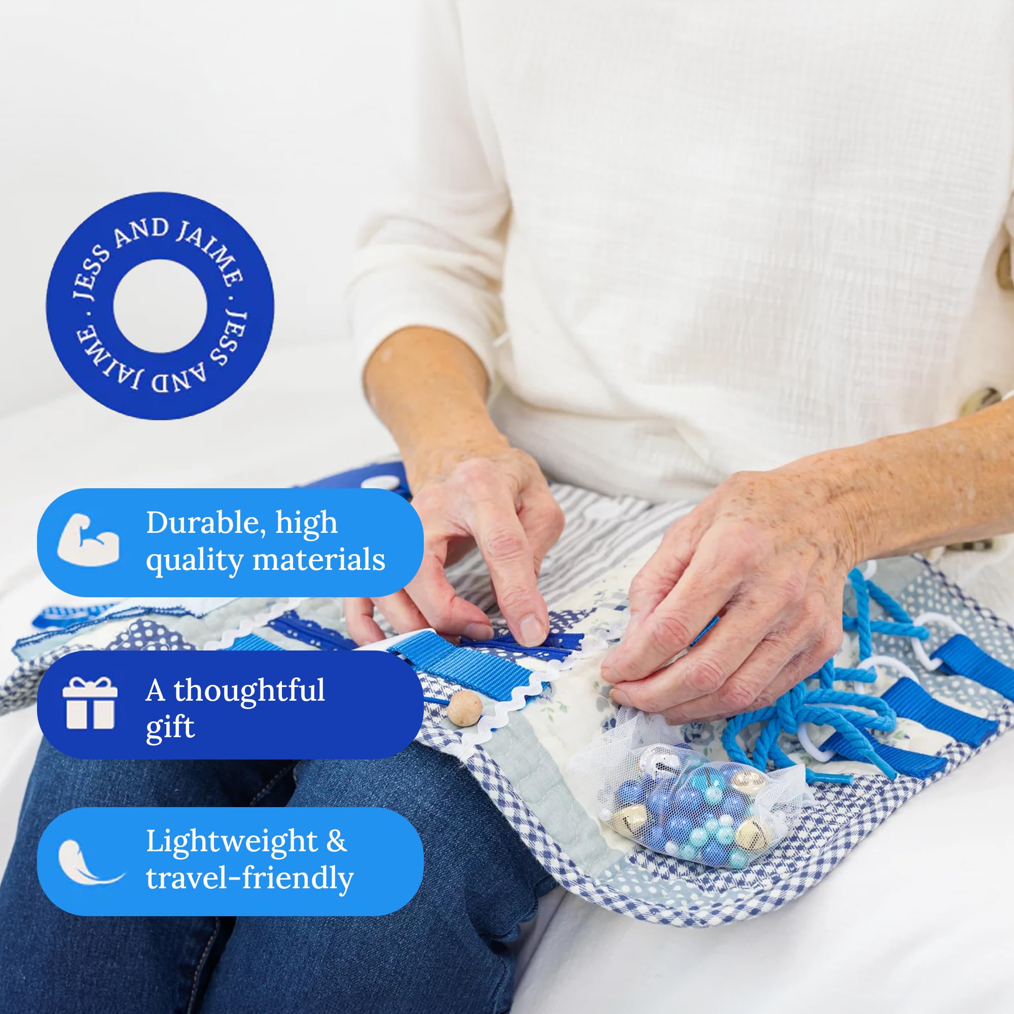 Manta antiestrés para adultos con demencia con diez dispositivos y actividades de demencia, el mejor regalo para pacientes con demencia, 20 x 12 pulgadas, manta azul ocupada para pacientes con