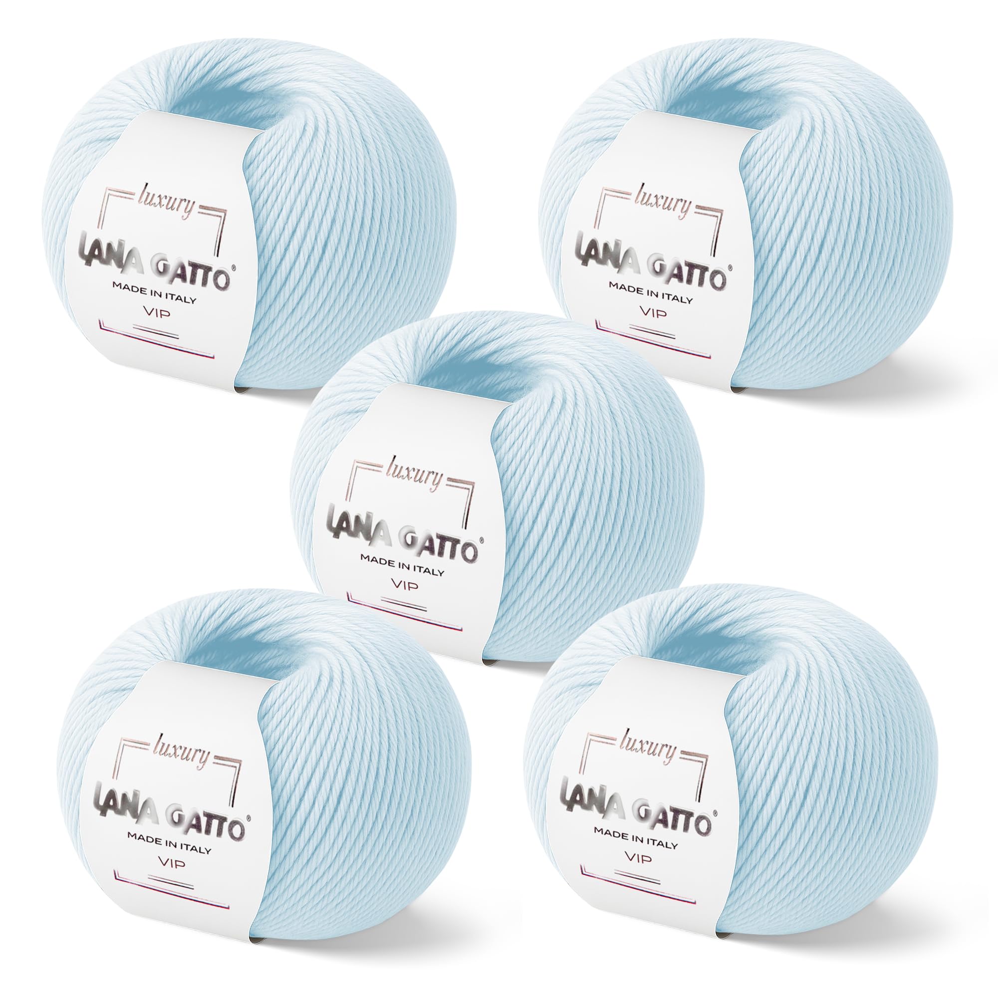5 Gomitoli Cashmere e Lana merino extrafine per lavoro a maglia, Lana Gatto Linea Vip, 250 gr., 1000 mt, (Azzurro - 4010, 5)