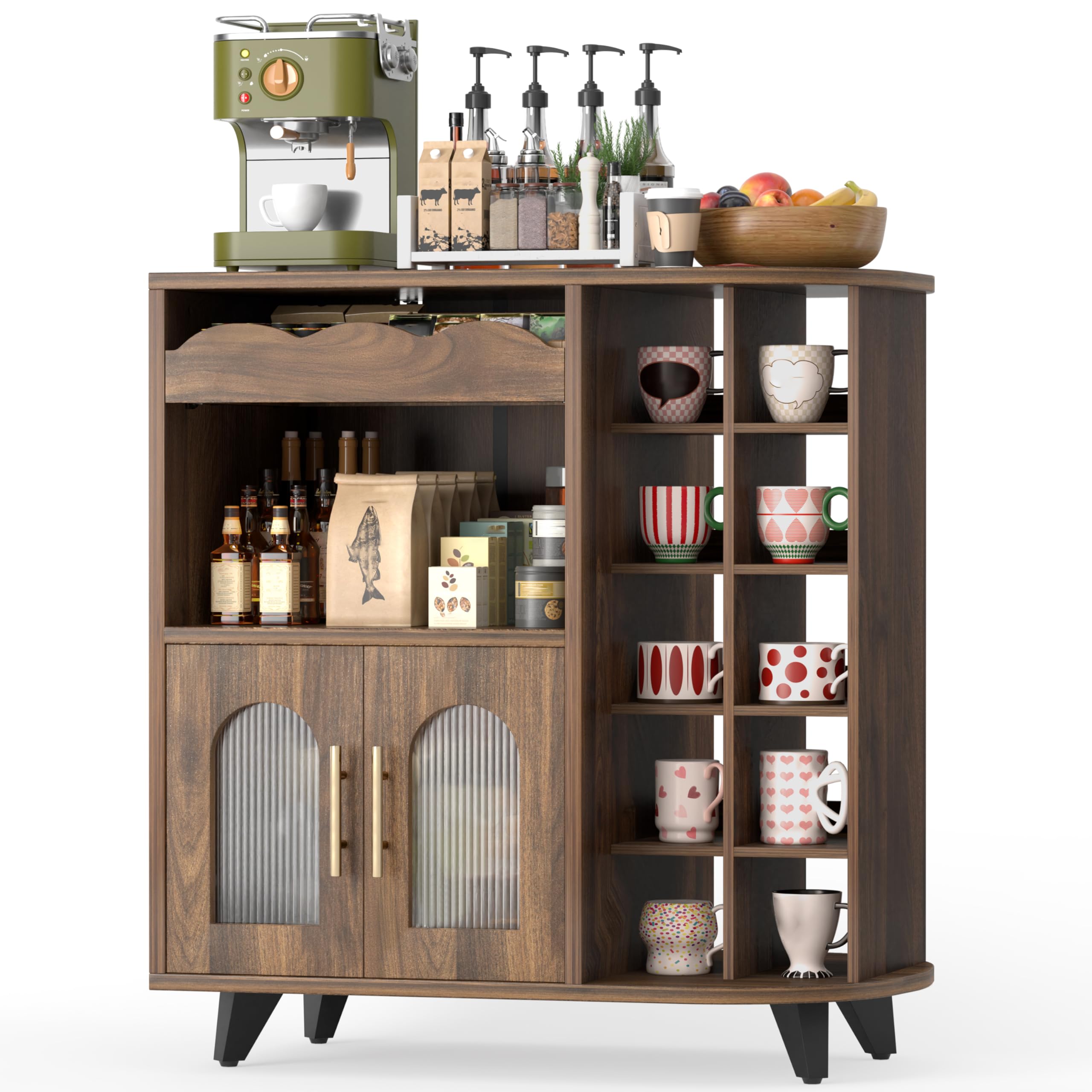 Küchenschrank, Kaffeeschrank mit Tassenhalter, Kommode mit Türen, Buffetschrank mit Schubladen, Sideboard für Wohnzimmer, Barmöbel, Kaffeebar Möbel, Küchenvitrine, Tassenständer (40x80x91cm)