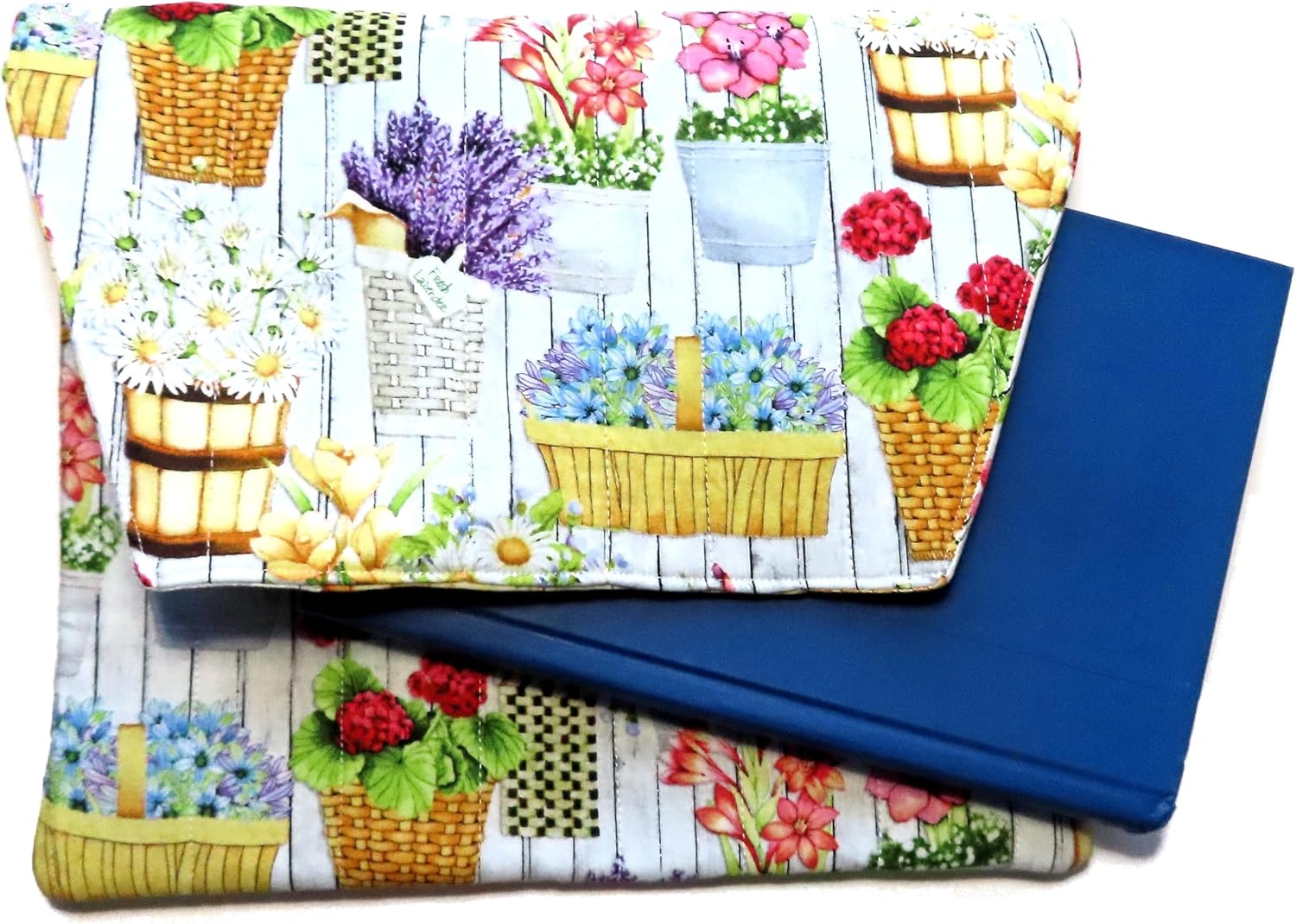 EReader Quilted Sleeve, Large 9.5" x 11.5" Book Sleeve, Quilted, Spring Flower Baskets Clutch Purse