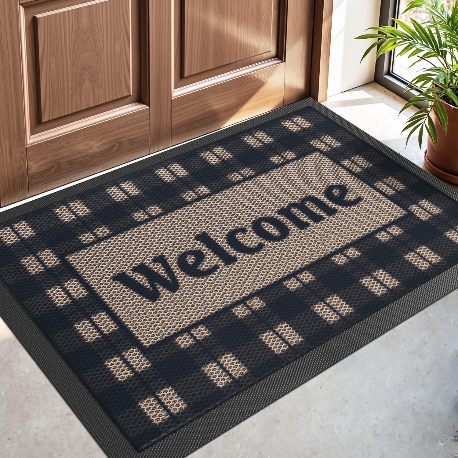 dexi front door mat outside entrance, welcome entryway doormat dirt trapper, heavy duty non slip entry mats for patio garage porch home decorative, 24x36, checkered beige 2' x 3' (rectangular) checkered beige