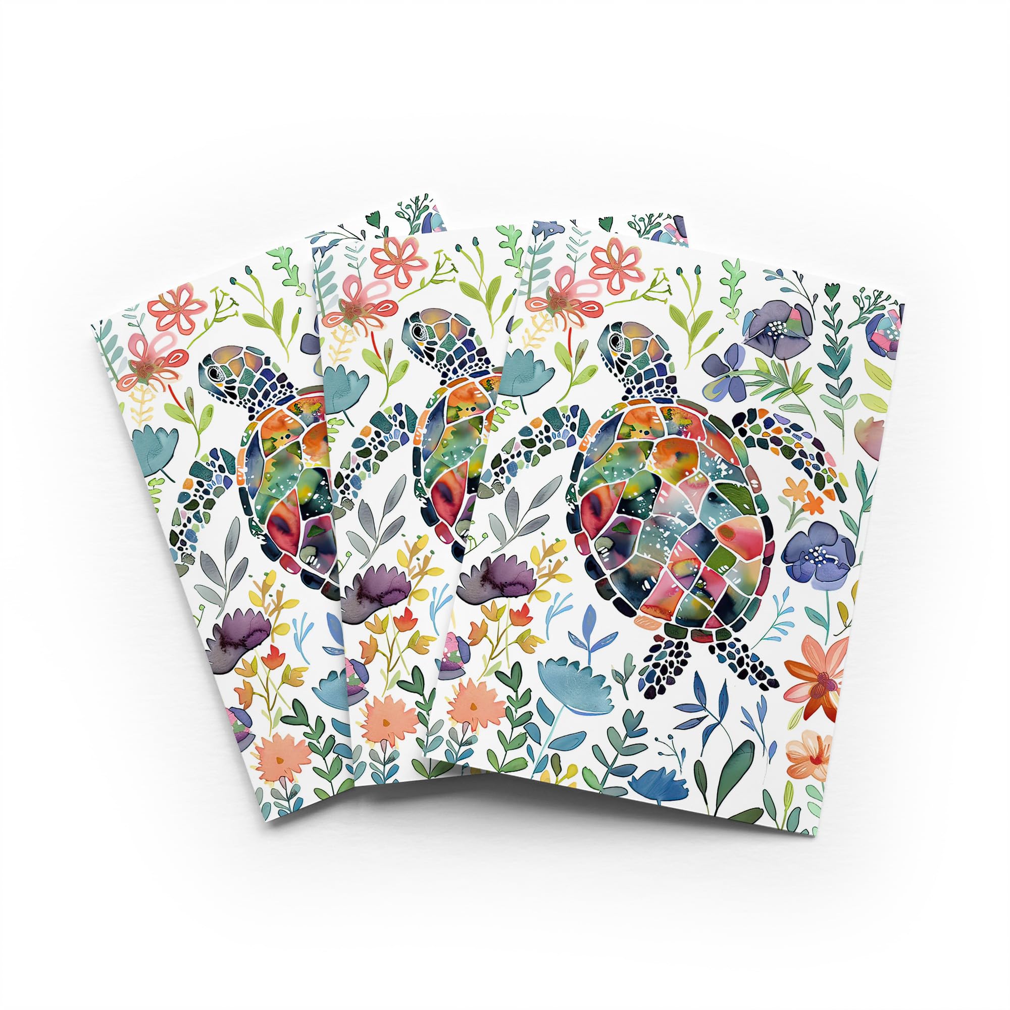 Abstract Sea Turtle Greeting Card Colourful Floral Any Occasion Set of 3 Blank Inside 5x7 Inch 13x18 cm