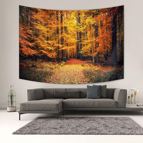 Miniatura 4 de Axayaz Tapiz para colgar en la pared de árbol de arce otoñal, camino, campo de hierba, amarillo y naranja, telón de fondo de parque de otoño,