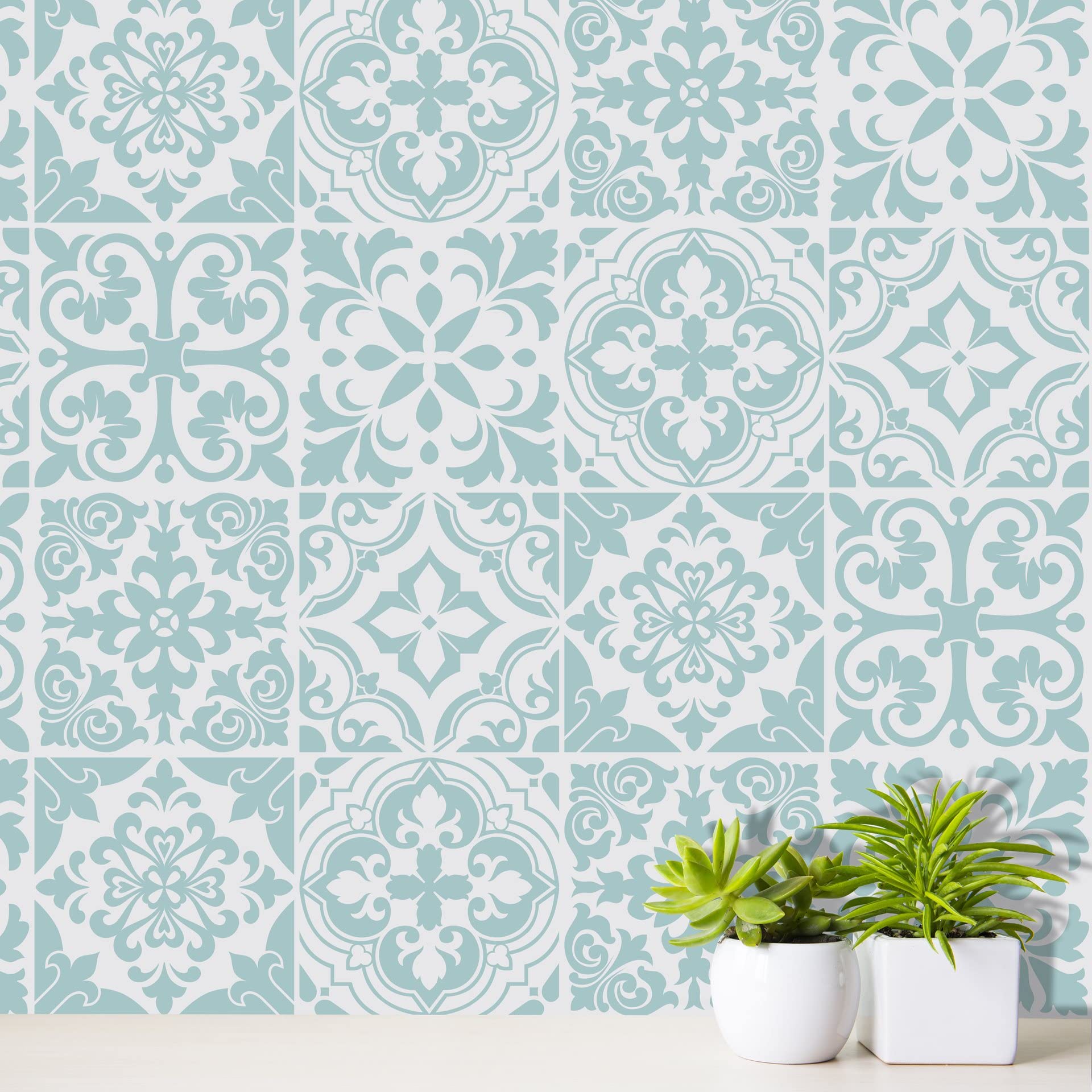 Walplus Santa Rosa Pistachio - Light Grey Stencil Tiles Wall Stickers - 15 X 15 Cm (6 X 6 Inches) - 24 Pcs Wall Art, Diy Art, Home Decorations, Decals