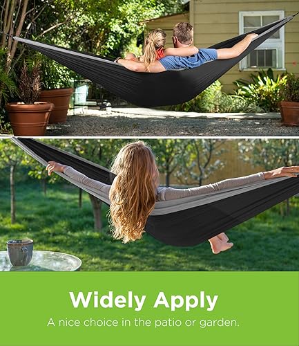 Miniatura 4 de Puroma Hamaca de camping con red doble e individual con correas de árbol hamaca portátil ultraligera de nailon para mochileros viajes playa Negro y