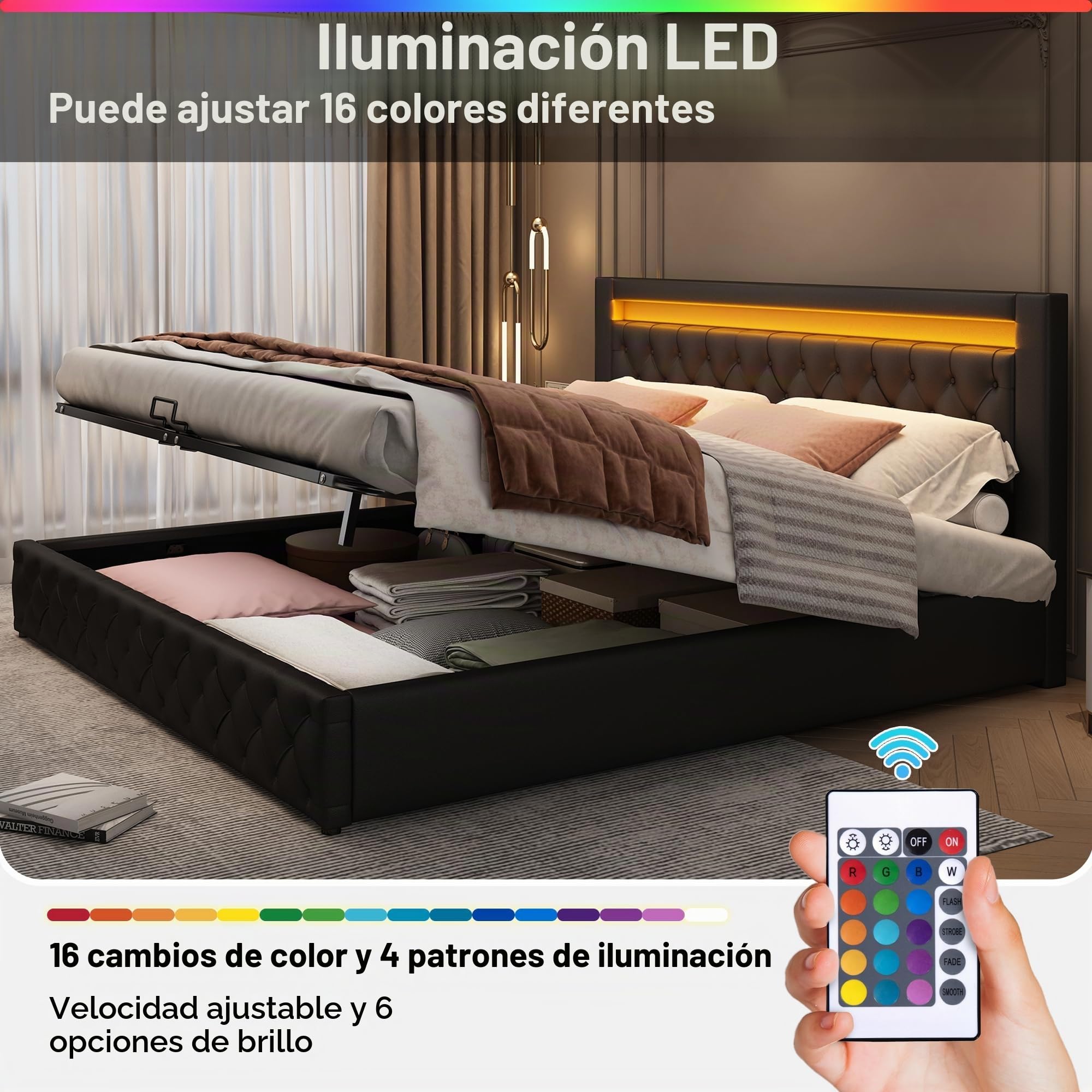 Cama Tapizada Camas Matrimoniales 180x200 con Luces LED Cabecero, Estructura de Cama Doble con Espacio de Almacenamiento Hidráulico, Camas Somier con Láminas Madera, Sin Colchón, PU, Negro