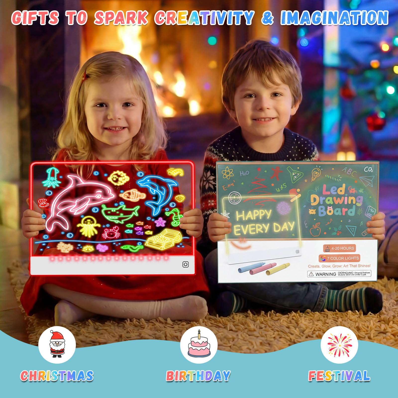 Lavagna da disegno a LED ricaricabile per bambini, 40,6 cm, portatile, con 7 colori, lavagna luminosa in acrilico cancellabile a secco con supporto, regalo di Pasqua, ragazzi e regali di compleanno