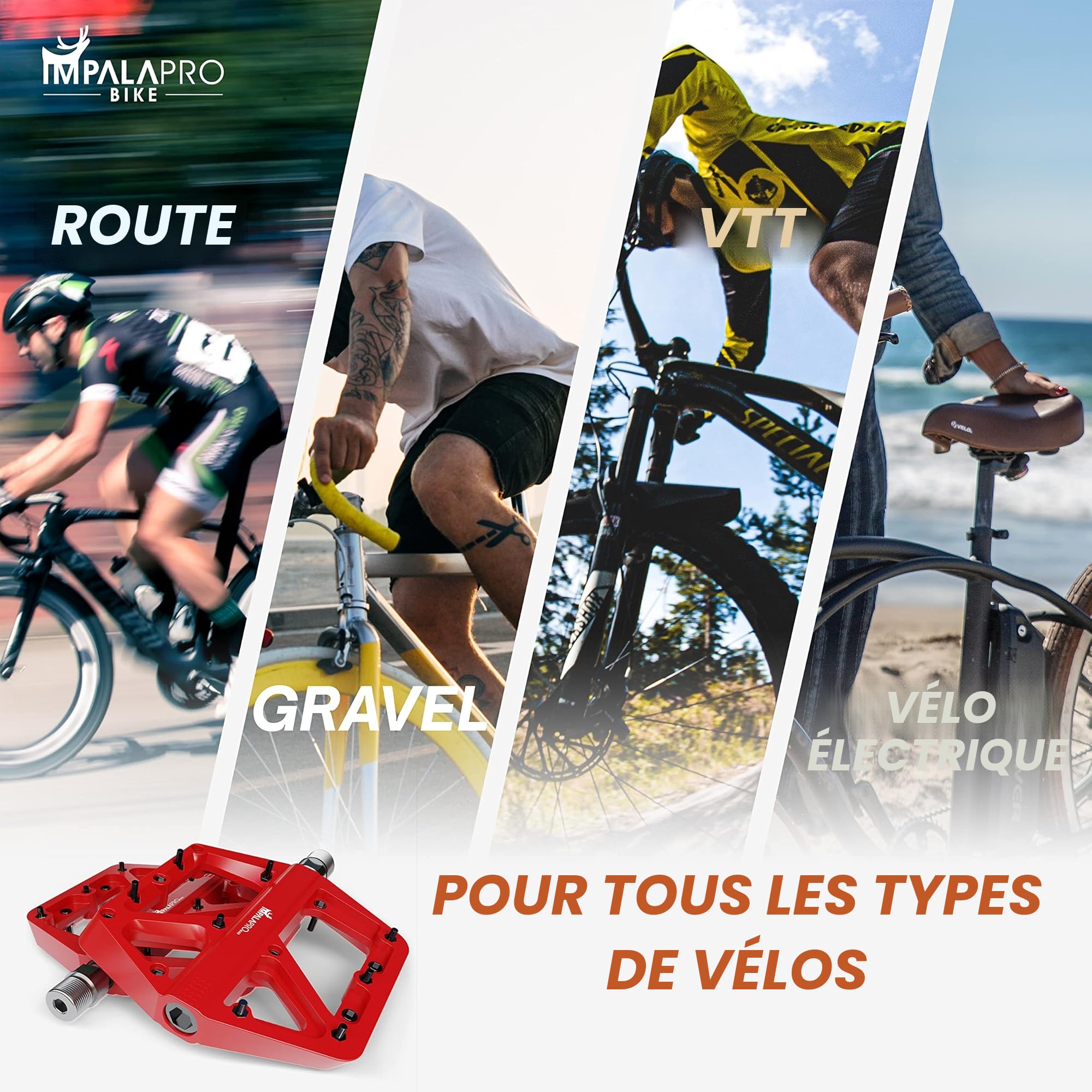 IMPALAPRO Bike – Pédales de vélo en Nylon antidérapantes à Large Plateforme – Pédales de vélo 9/16 Pouces avec roulements étanches et Anti-poussière – VTT – MTB – Vélo de Route – BMX