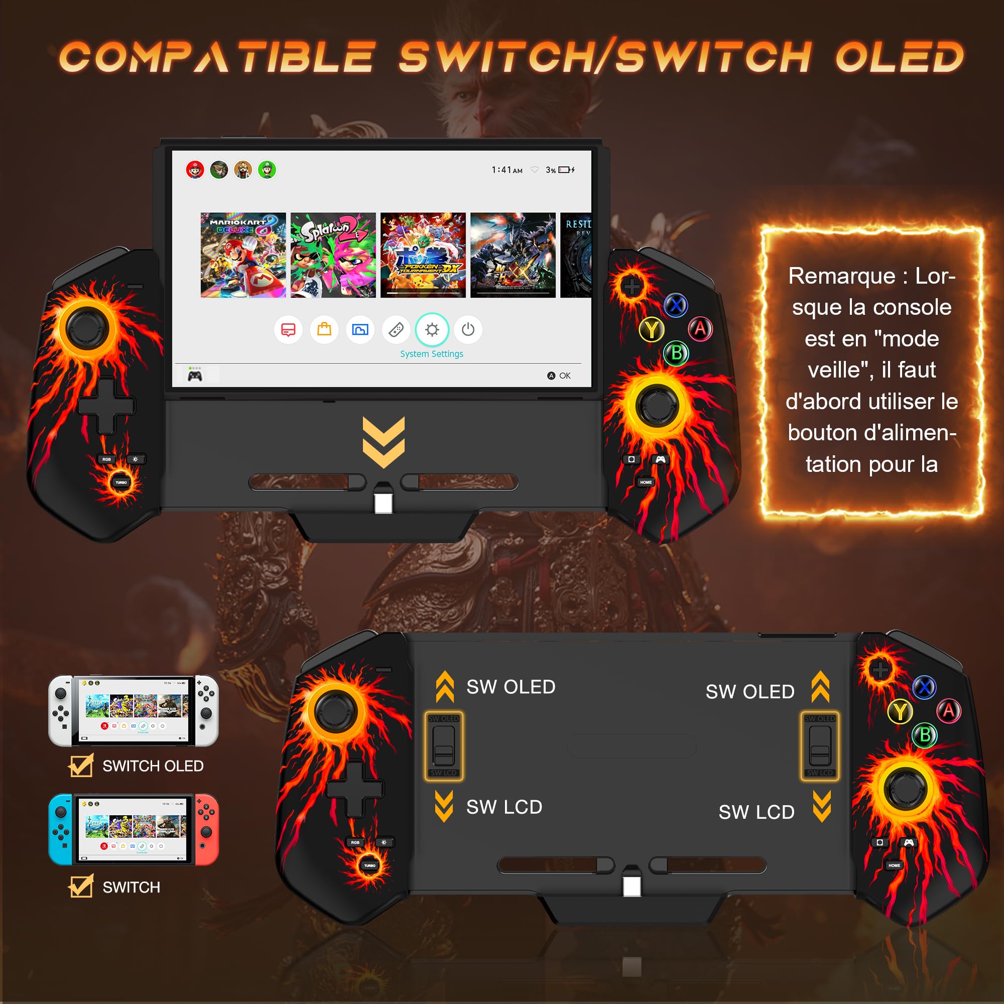 HASACOOL Manette Switch, Switch Manette pour Switch/OLED Mode Portable avec Bâtons à Effet Hall/Turbo/Support de Table/Gyroscope à 6 Axes, Grande Poignée Manette de Switch(Feu)