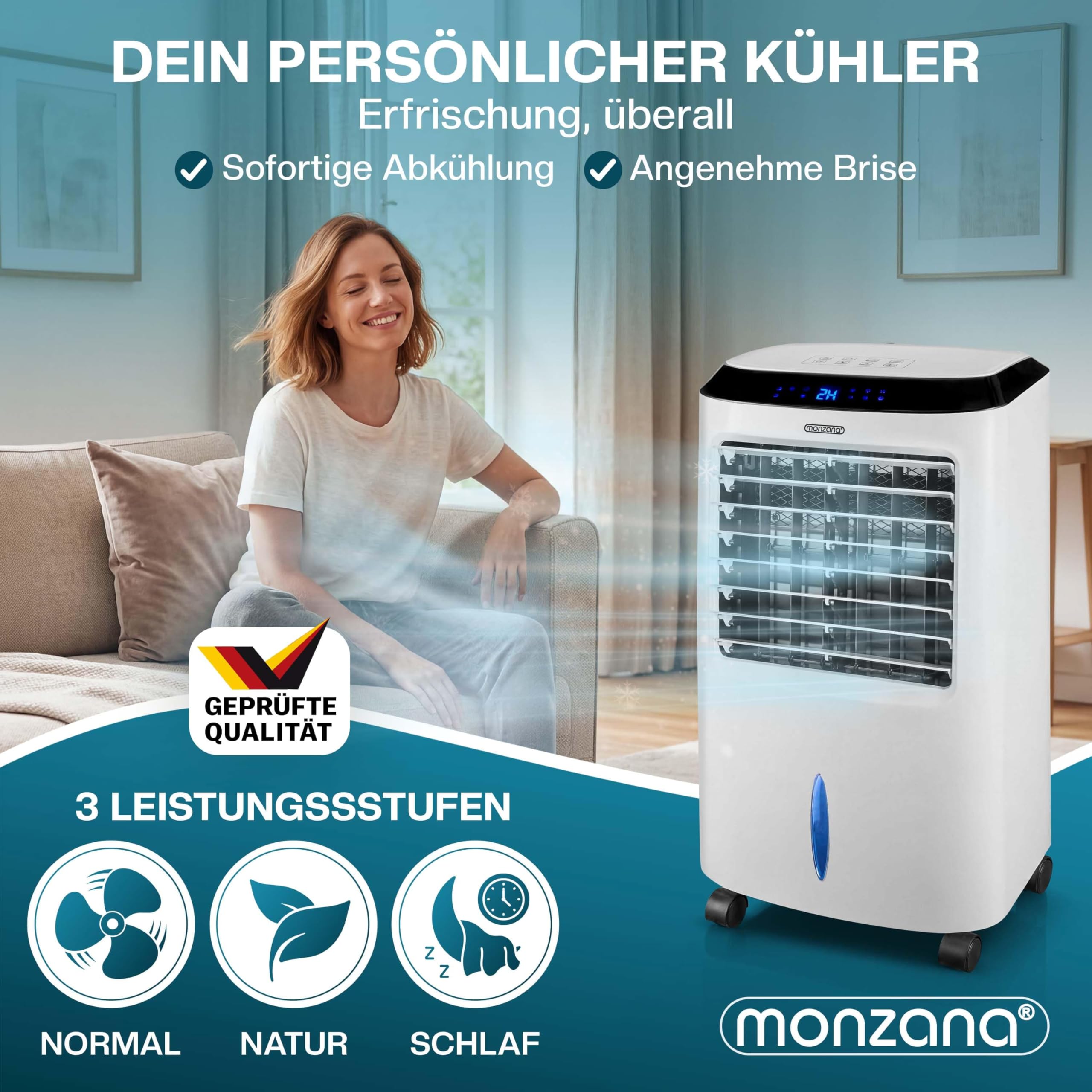 MONZANA® Aircooler 4in1 10L Tank Fernbedienung LED Display Luftkühler Ionisator Ventilator Klimagerät Turmventilator Säulenventilator Luftbefeuchter