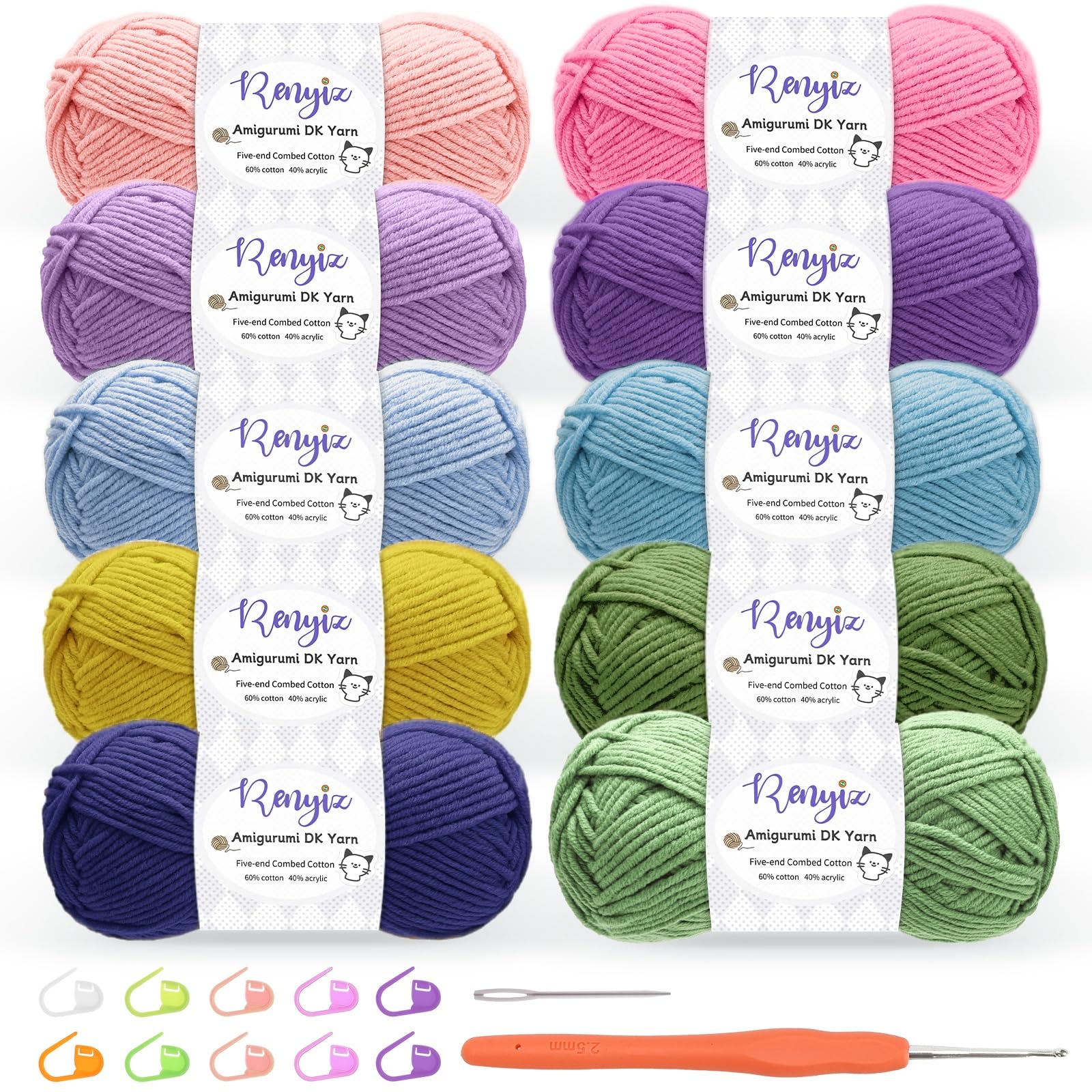 Wolle zum Häkeln 50g Häkelgarn (60% Baumwolle, 50% Acryl) mit 2,5mm Häkelnadel & Zusatzzubehör, Ideal als Babywolle, Strickwolle, Häkelwolle und Baumwollgarn zum Häkeln Grün