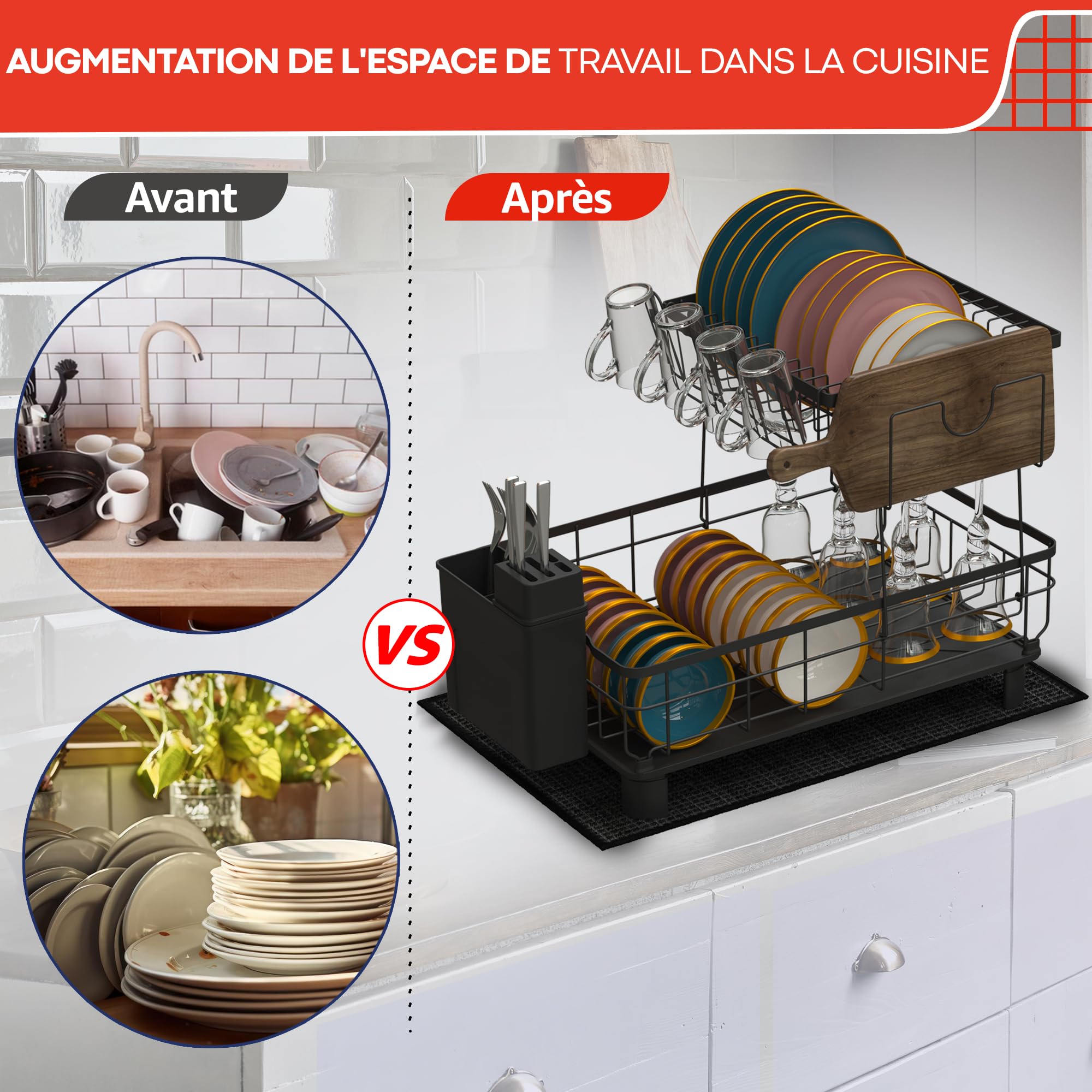 Dish Drainer on Sink with Absorbent Dish Mat and Automatic Drainage System to the Kitchen Sink – Kitchen Sink Organizer (2 Levels)