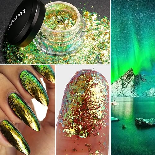 Miniatura 2 de DE'LANCI Sombra de ojos holográfica con purpurina en copos multicromos, pigmento de sombra de ojos camaleón, bosque esmeralda, maquillaje de ojos