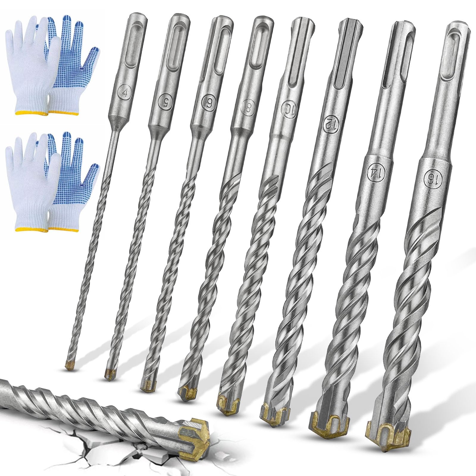 SDS Plus - Juego de brocas para hormigón (8 unidades, tamaños 4,5,6,8,10,12,14,16 mm × 160 mm, para taladrar hormigón, piedra, madera, ladrillo, azulejos, con 2 pares de guantes)