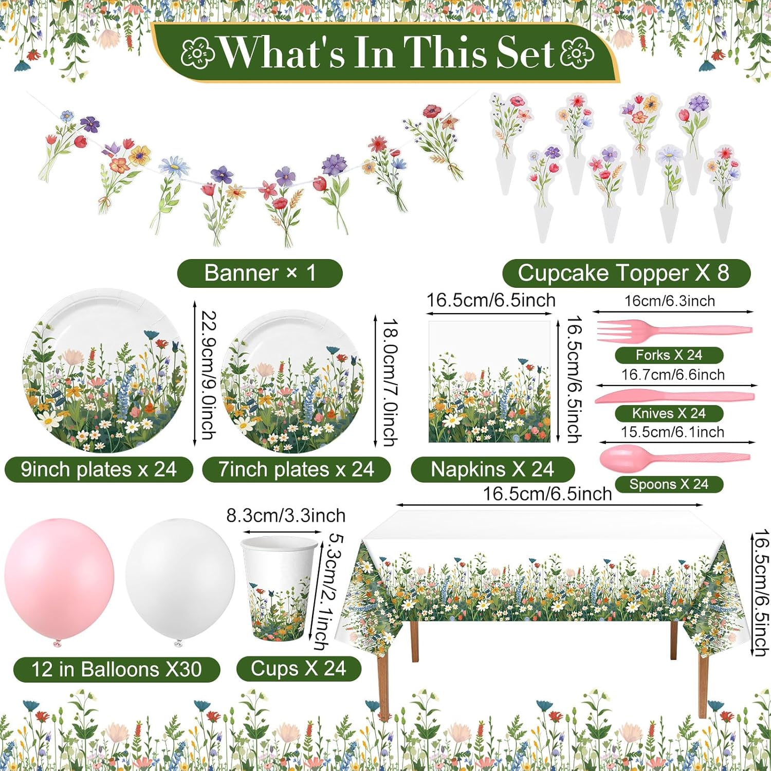 Yungyan 208 Pcs Spring Wildflower Party Decorations Include Plates, Cups, Napkins, Cutlery, Tablecloth, Balloons, Banner & Cake Toppers for Floral Baby Shower Birthday Brunch Decorations, Serves 24