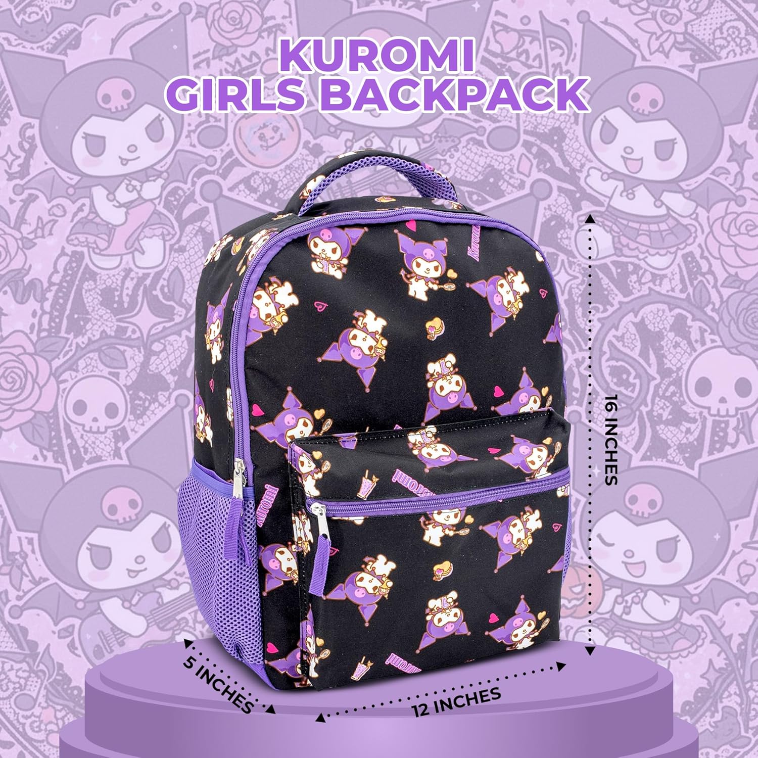 AI ACCESSORY INNOVATIONS Hello Kitty 16” Backpack With Front Pocket for Girls, Allover Print Bookbag featuring Kuromi, Black