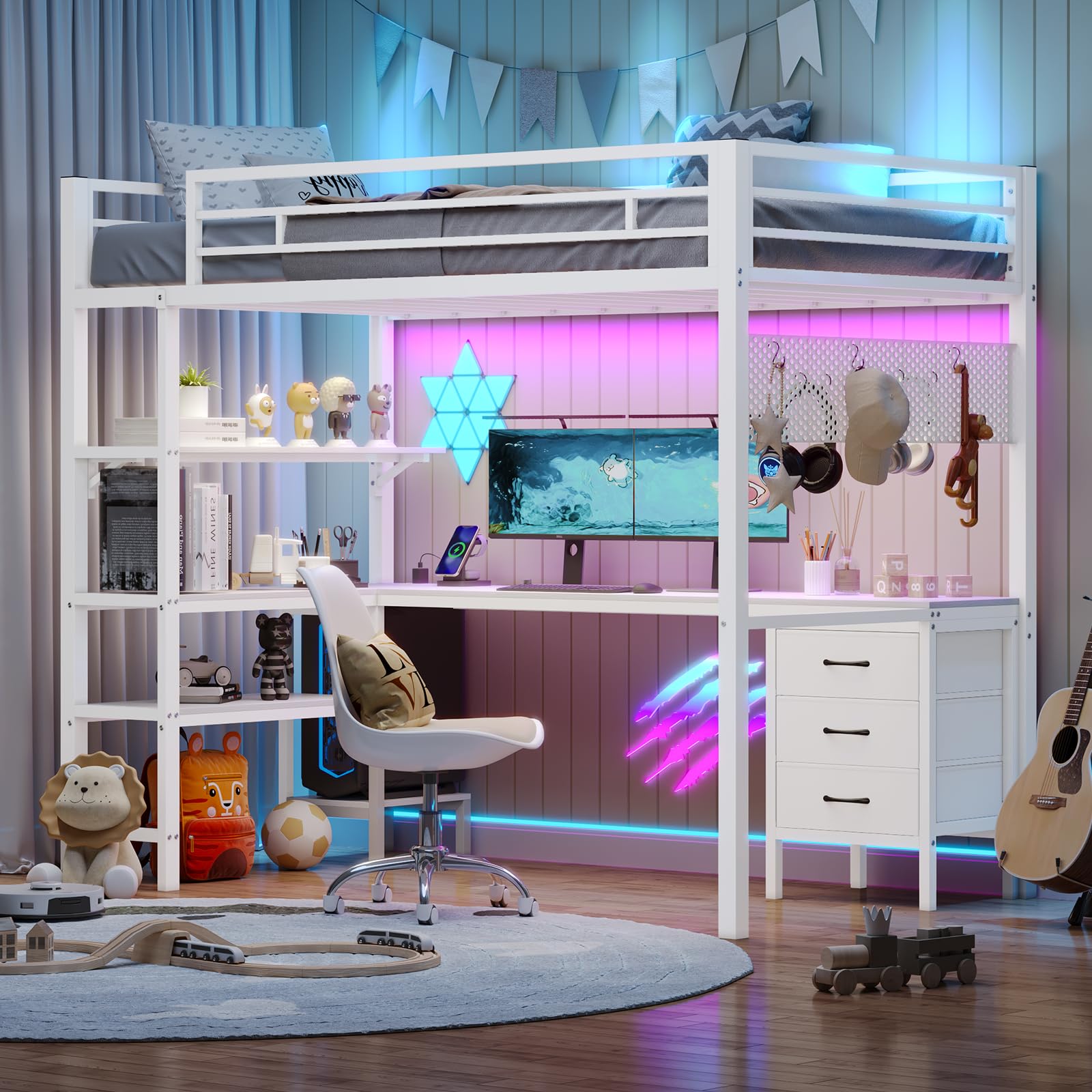 BTHFST Loft Bed Twin Size with L-Shape Desk & RGB LED Lights & Charging Station, Twin Bunk Bed with Fabric Drawers & Shlves, 13.4'' H Safety Guardrail