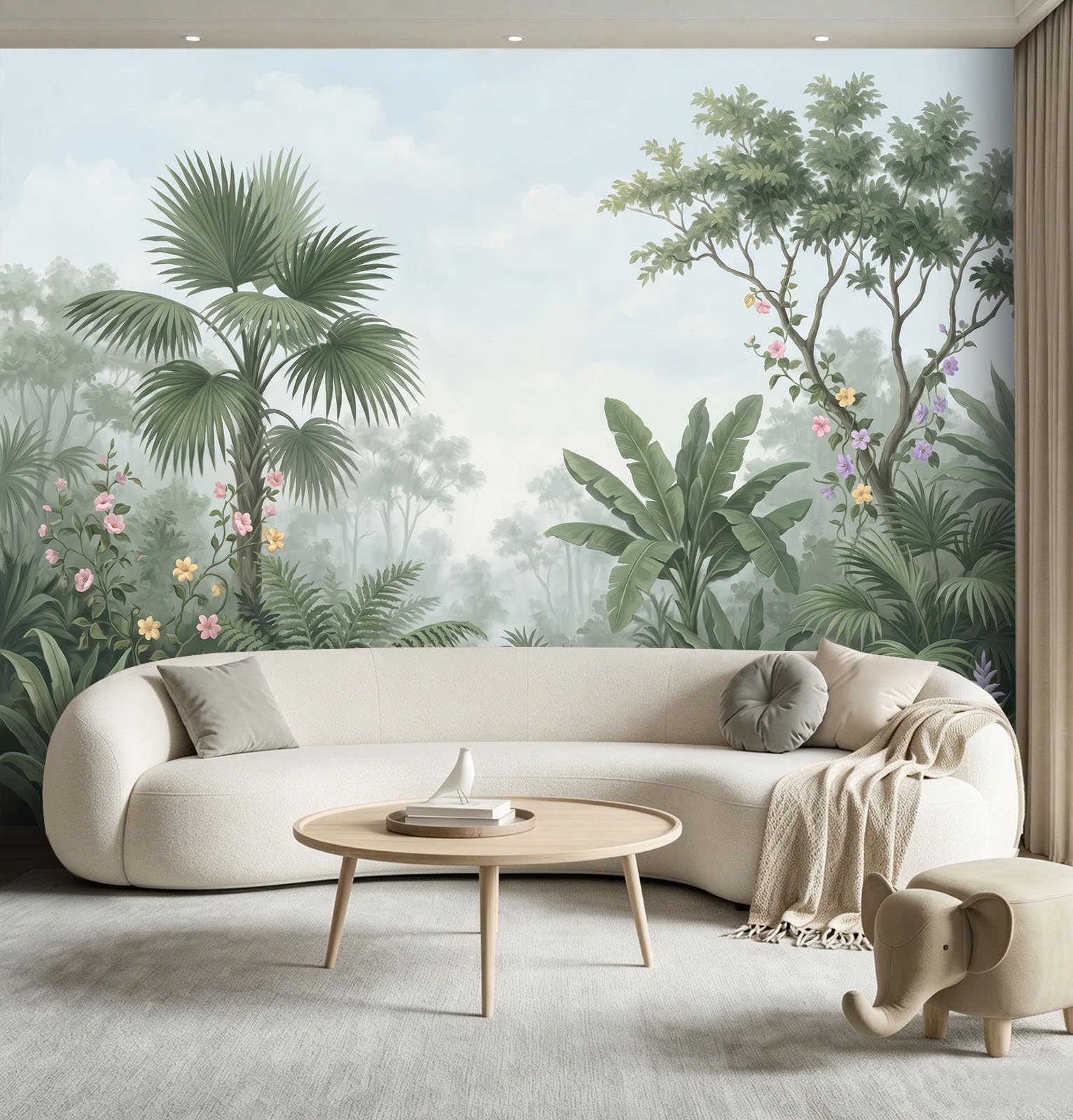 Natur Tropischer Stil Fototapete Vliestapete, 400 x 280 cm Tapete Panorama, Tropischer Dschungel Palmblätter Bananenblätter Ranken Tapeten Wanddeko für Wohnzimmer Flur, Dunkelgrün Nicht Selbstklebend