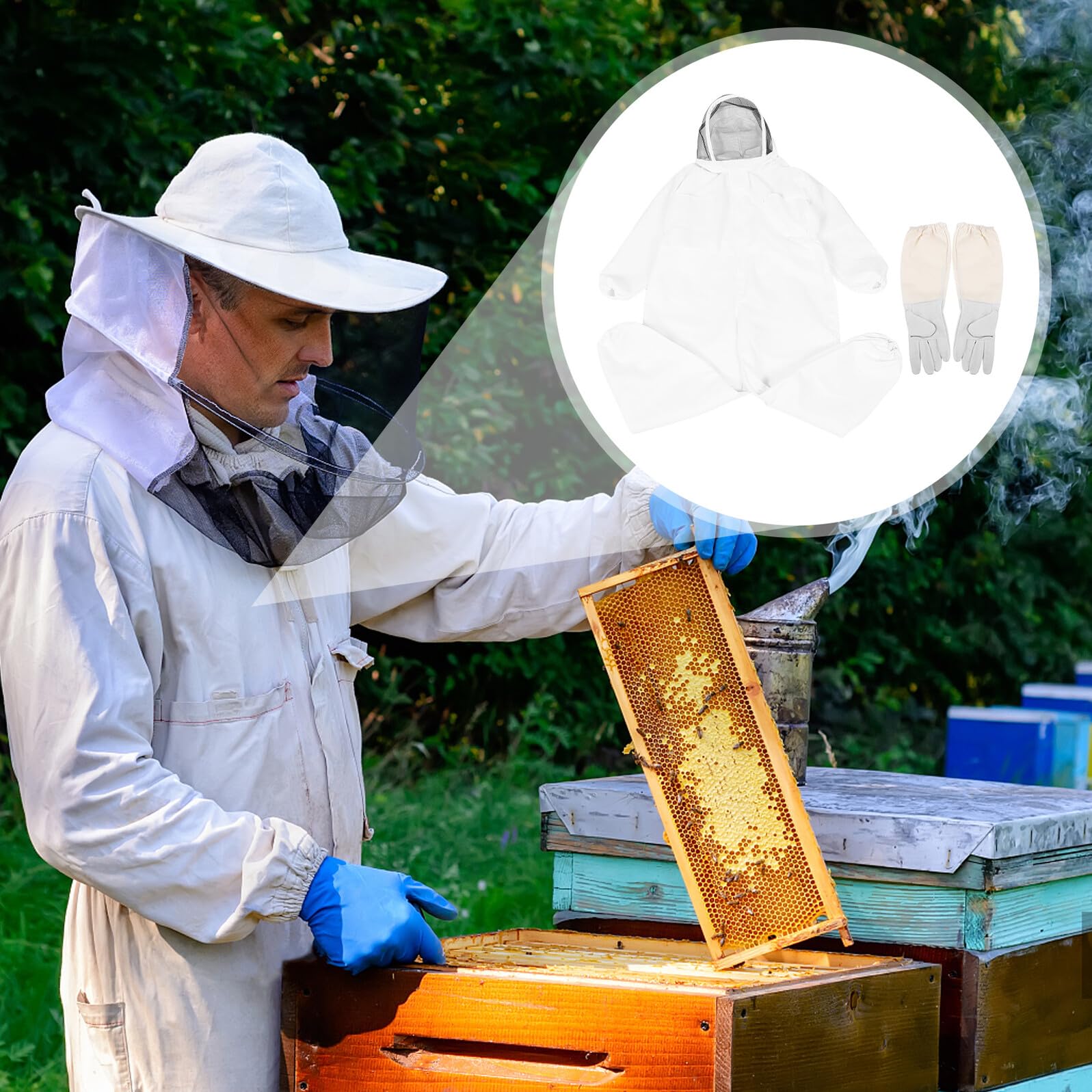 Traje de Apicultor XL de Algodón Grueso con Capucha y Velo Mono Completo con Guantes para Protección contra Aguijonazos Ropa Ventilada para Apicultura Profesional y Manejo