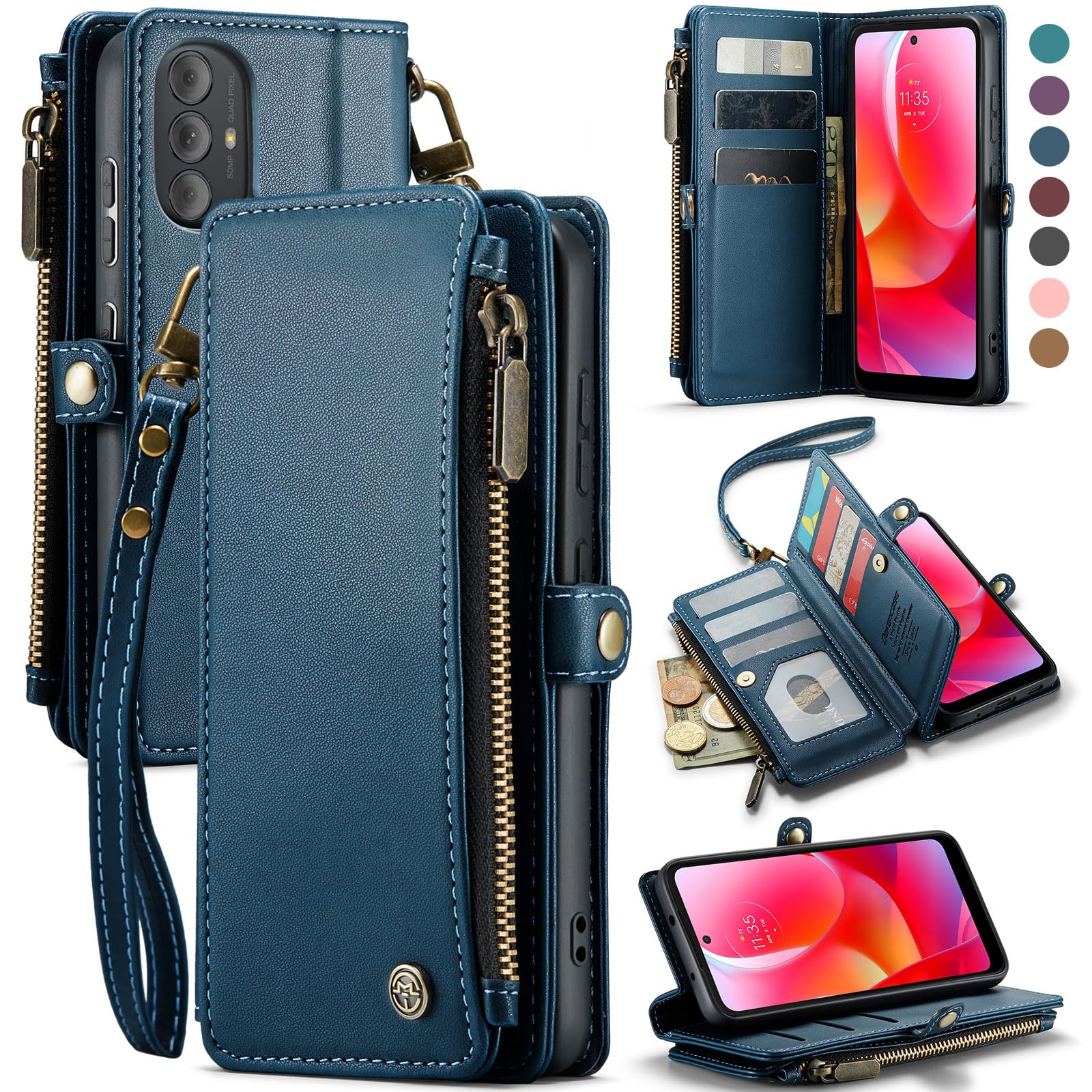 Photo 1 of Defencase Compatible with Moto G Power 2022 Case, RFID Blocking Wallet Case Compatible for Motorola Moto G Power 2022 PU Leather Flip Strap Zipper Card Holder Phone Case for Women, Dark Blue Moto G Power (2022) Dark Blue