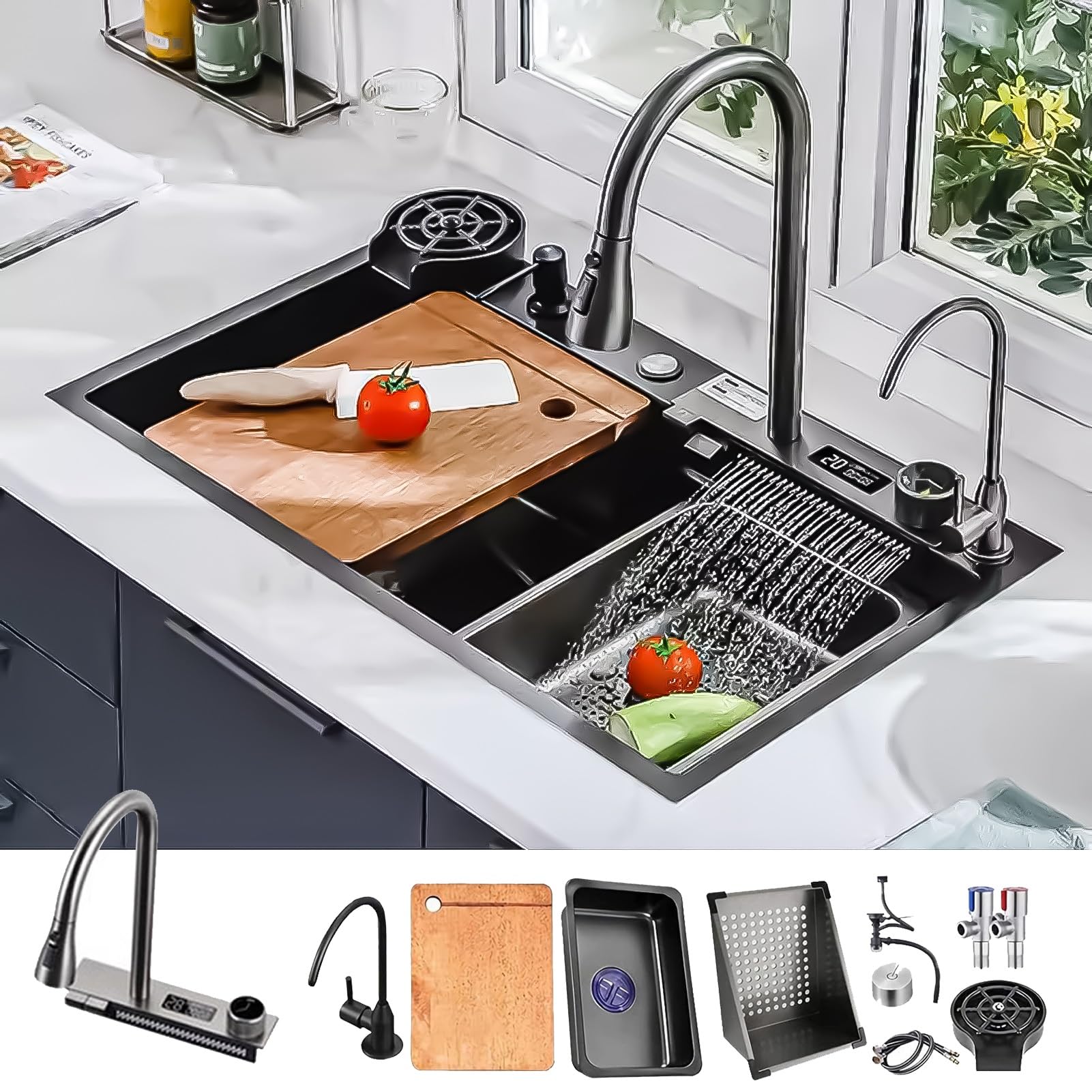 LMYSXAOZ Waterfall Kitchen Sink, Single Bowl 304 Stainless Steel Drop-in Or Undermount Installation, with LED Temperature Display Pull-Out Tap, Cutting Board, Cup Washer (Color : Black