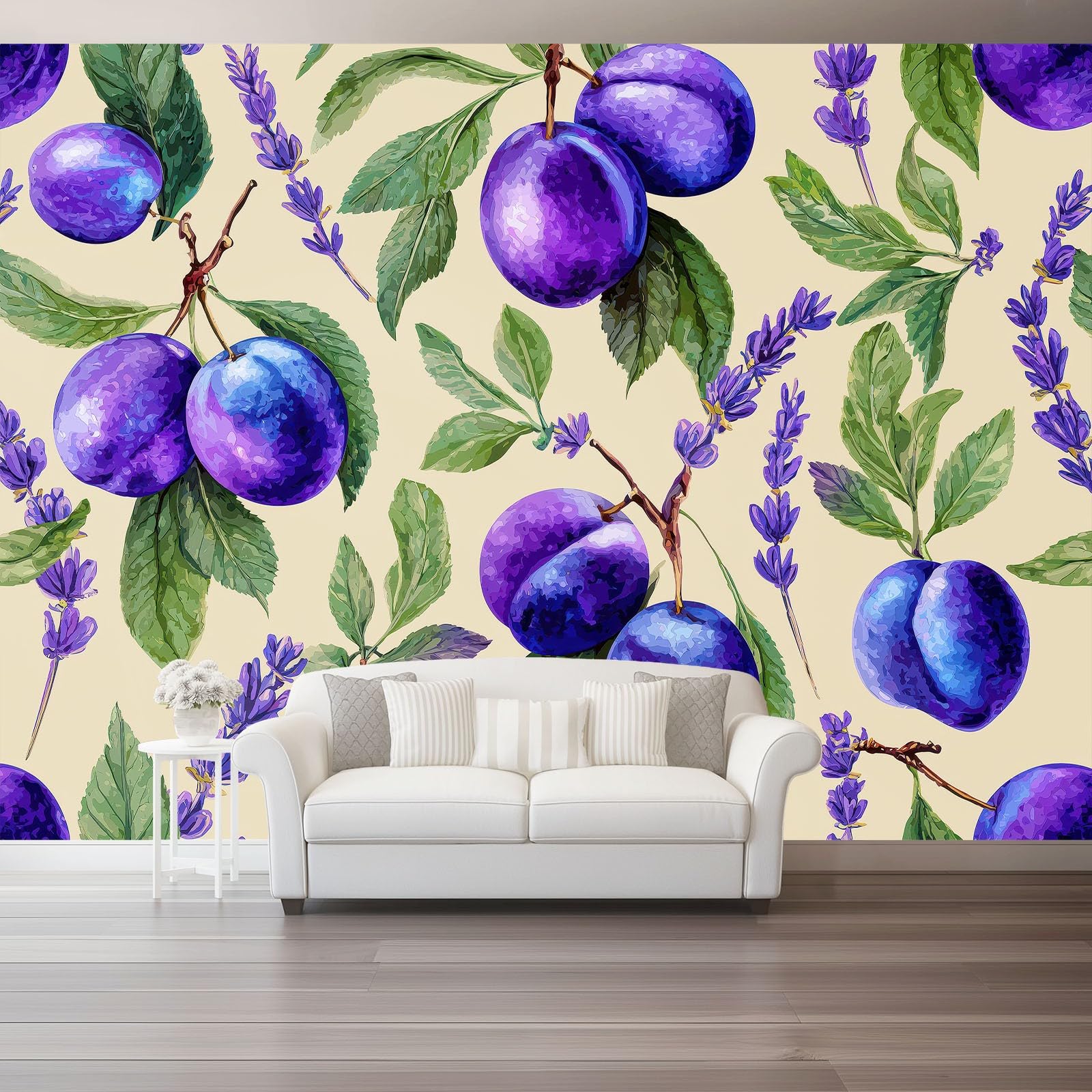 Dekoracyjna tapeta ścienna | Akwarela Śliwka Owoce Wzory | Nadaje się do salonu, sypialni i biura, stylowa i prosta w instalacji, idealna, (fioletowy, 400 x 280 cm