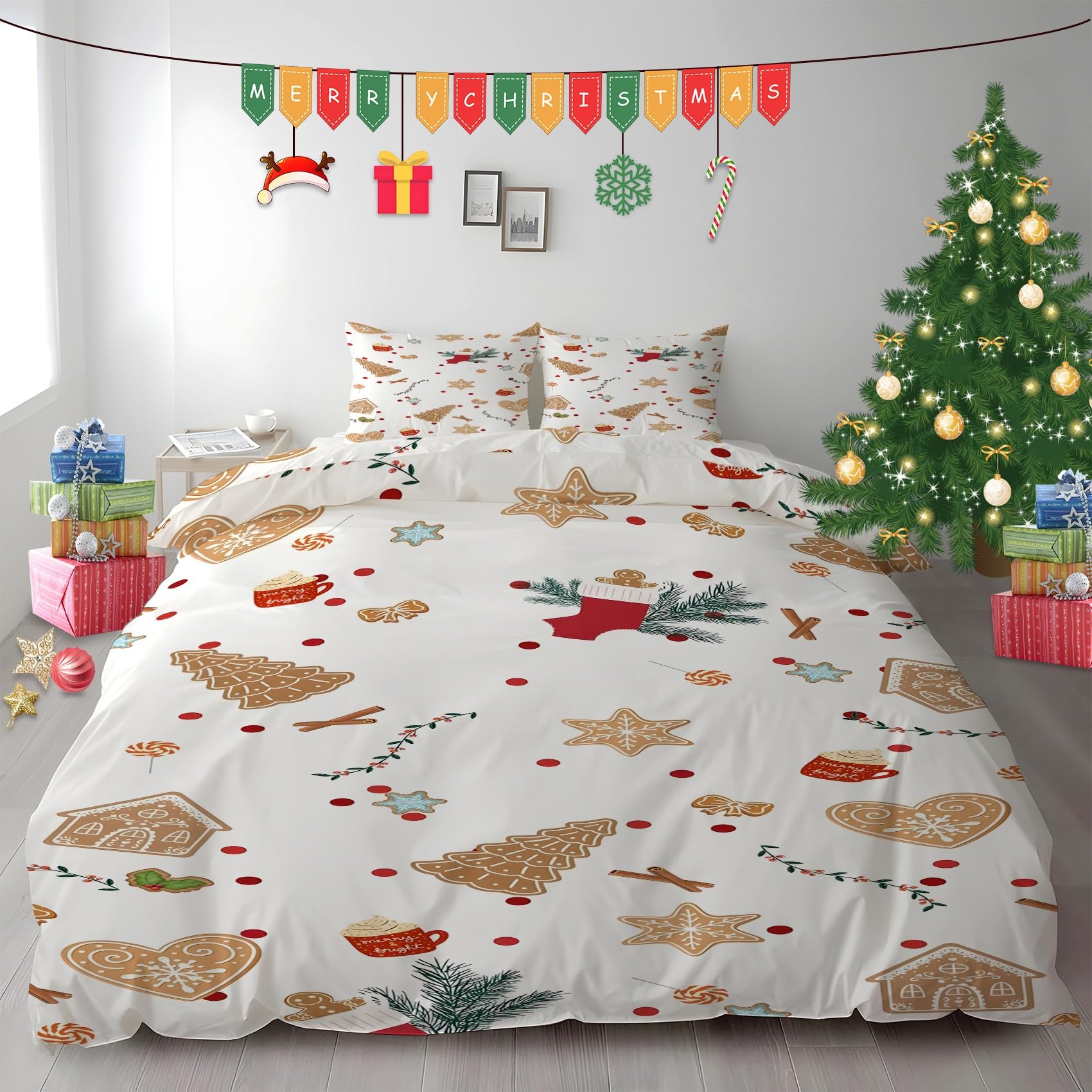 Choinka poszewka na kołdrę w rozmiarze king size, zestaw pościeli z mikrofibry z zamkiem błyskawicznym, miękka, przytulna poszewka na kołdrę 230 x 220 cm + 2 poszewki na poduszkę 50 x 75 cm