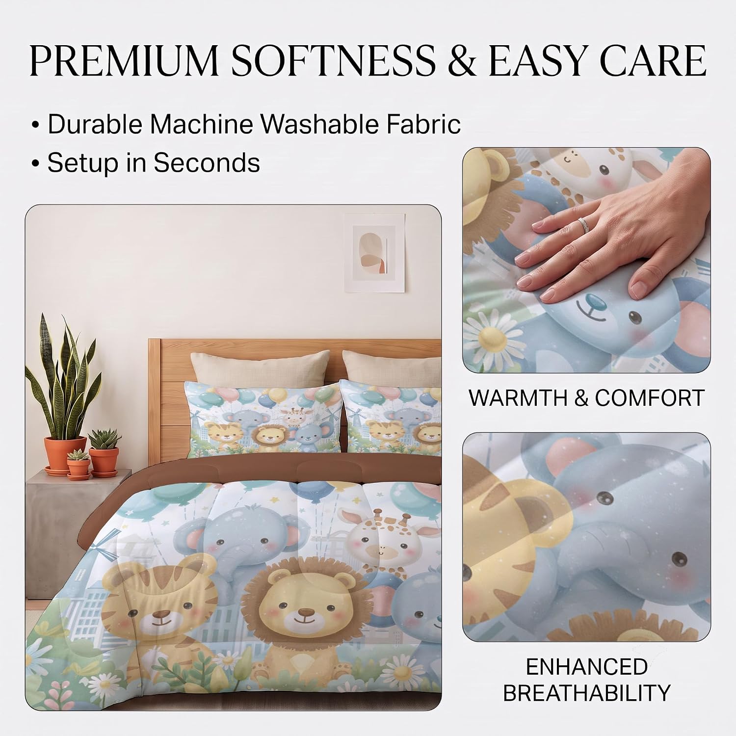 Cute Animation Comforter Set Full Size, Cartoon Lion and Elephant Bedding Set for Girls Boys, Light Blue Quilt Bed 79"X90" Bedding Comforter Sets with 2 Pillowcase Room Decor
