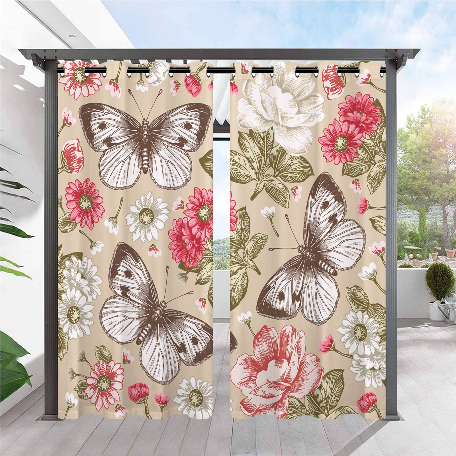 ANHOPE Outdoor Curtains Waterproof Eyelet Ring Top Drapes Vintage Themed Butterfly Flower Print Pattern Privacy Outside Curtains for Patio Garden Gazebo Pergola Porch Pool 2 Panels 36 x 84 Inch — image 1