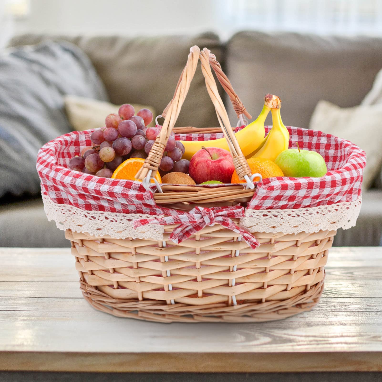 Cestini Vimini, Cabilock Cestino in Vimini, 37X27X17CM Intrecciato Cesto Picnic con Manico e Trecc, Vintage Country Naturale Cestino Campeggio All'aperto