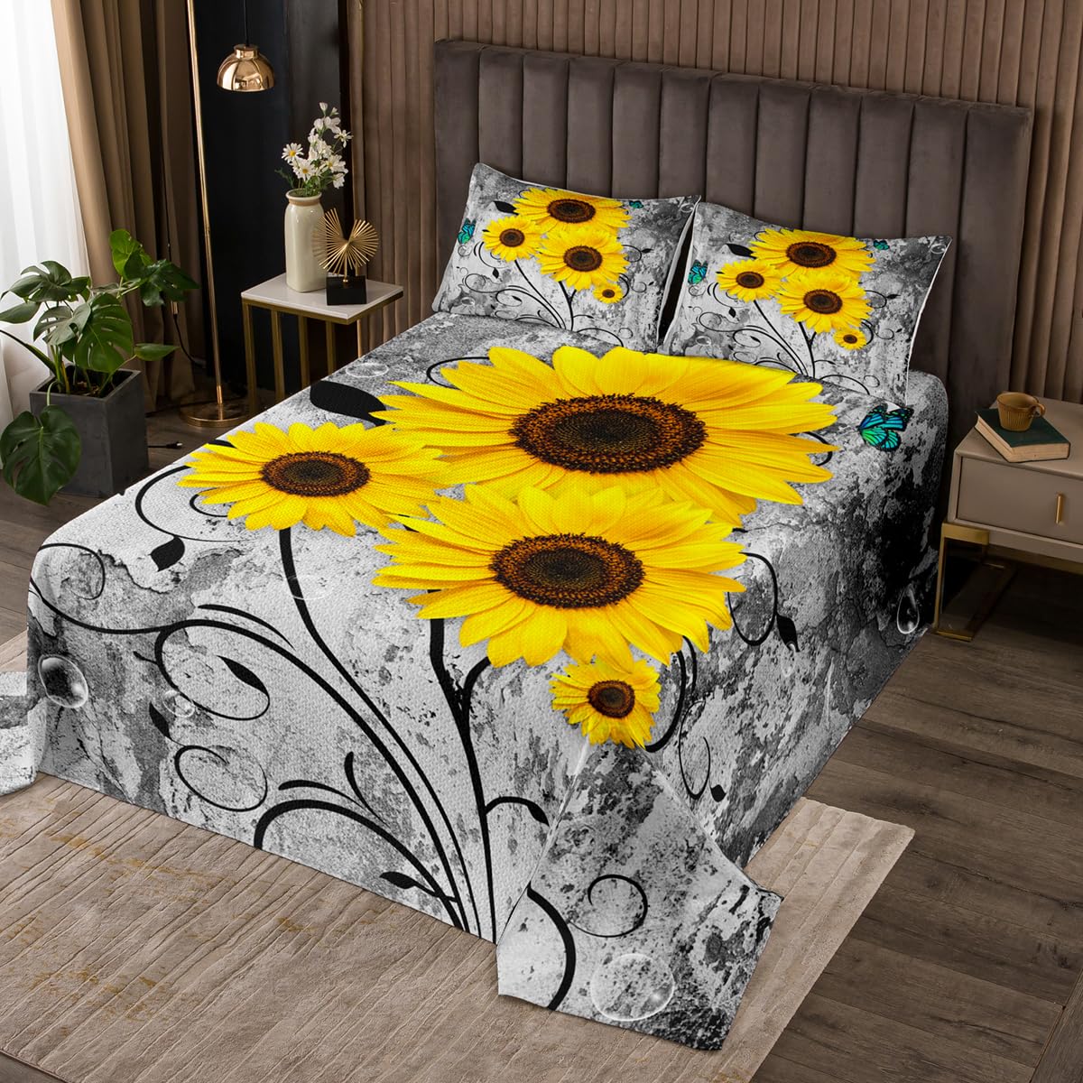 Castle Fairy Yellow Sunflowers Bedspread King Size,Blue Butterfly Floral Theme Coverlet Set for Children Adult,Retro Grey Wall Print Bedding Set with 2 Pillowcaes, Polyester Quilted