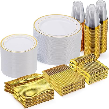 600 Pieces Gold Disposable Plates for 100 Guests, Plastic Plates for Party, Wedding, Dinnerware Set of 100 Dinner Plates, 100 Salad Plates, 100 Spoons, 100 Forks, 100 Knives, 100 Cups