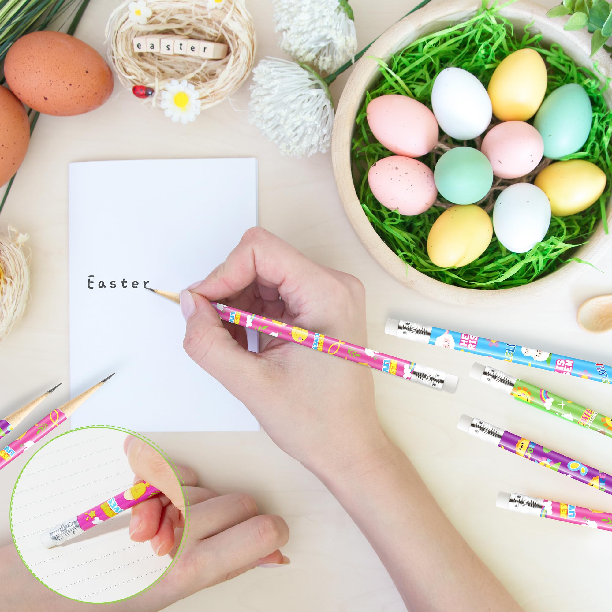 Xqumoi 60Pcs Easter Religious Pencils with Eraser - He is Risen Christian #2 HB Pencils, Sunday School Classroom Student Rewards Office Supply Holiday Gift Goodie Bag Fillers Stuffers Party Favors