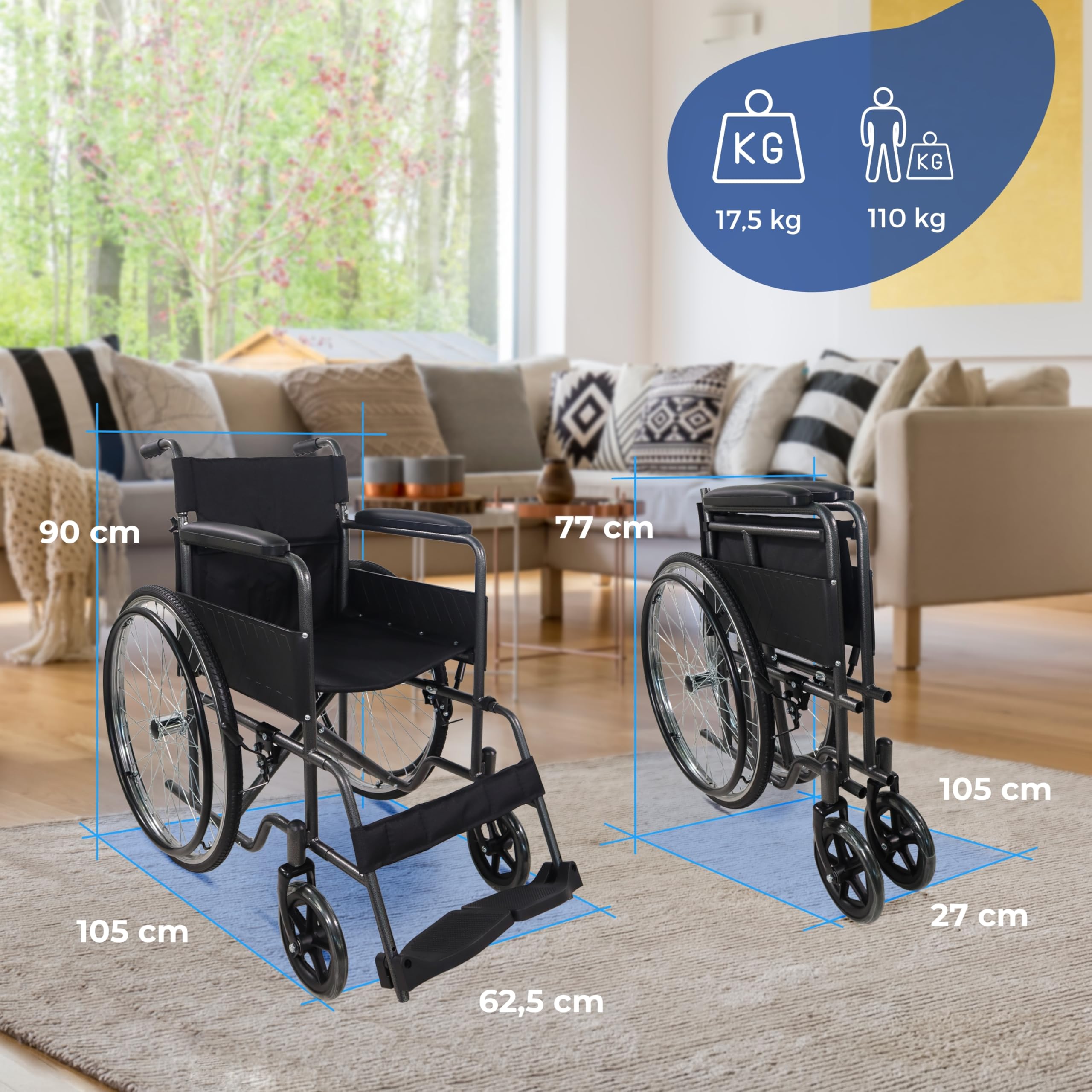 Mobiclinic®, Silla de Ruedas, Plegable, Denver, Asiento 46 cm, Freno Manual, Respaldo Desmontable, Reposapiés Abatibles, Resistente, Ligera, Acero (Gris)