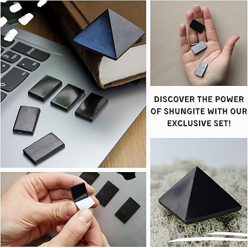 Miniatura 8 de KARELIANMASTERS Shungite - Juego de placas adhesivas para teléfono celular y pirámide de piedra, kit de protección digital y curación de cristales