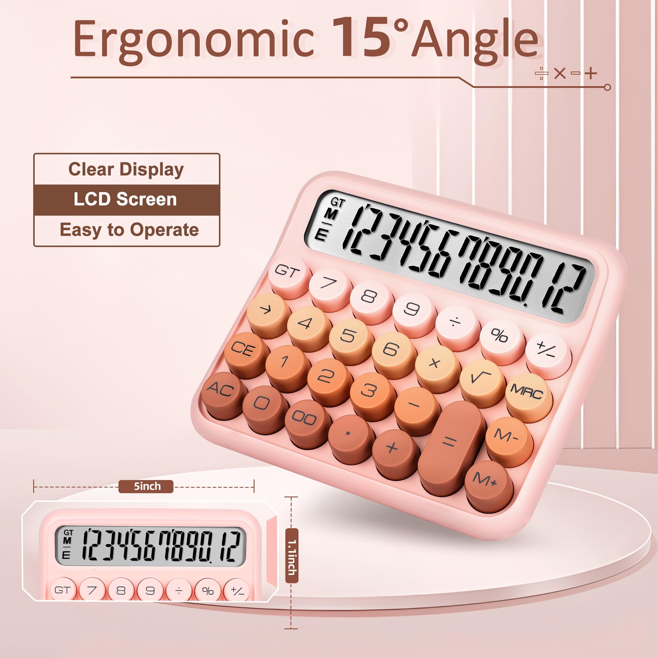 VEWINGL Calculatrice avec interrupteur mécanique, joli grand écran LCD à 12 chiffres et boutons, calculatrice avec grand écran LCD, idéale pour la vie quotidienne et le travail de bureau de base. Avec